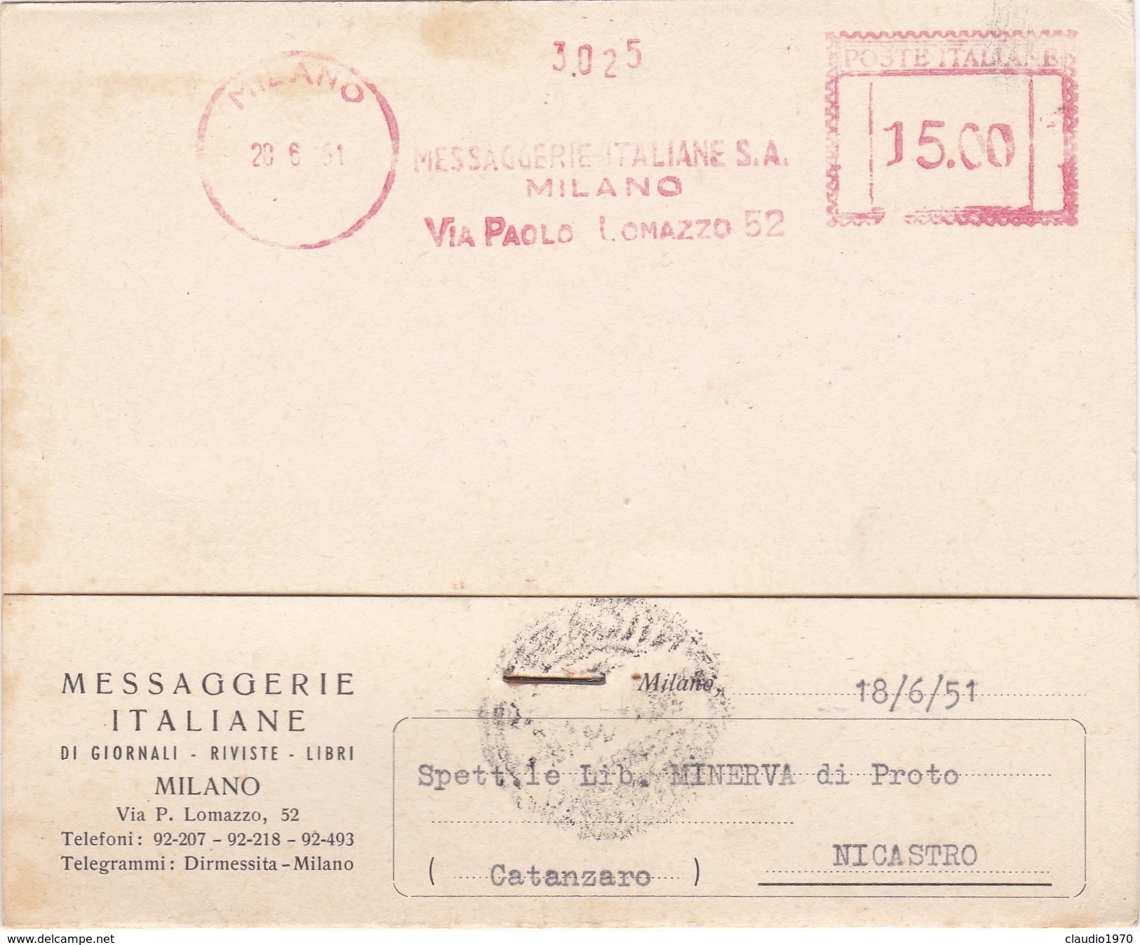 STORIA POSTALE  - AVVISO DI RICHIESTA DI PAGAMENTO - MESSAGGERIE ITALIANE DI GIORNALI - RIVISTE - LIBRE- MILANO - Macchine Per Obliterare (EMA)