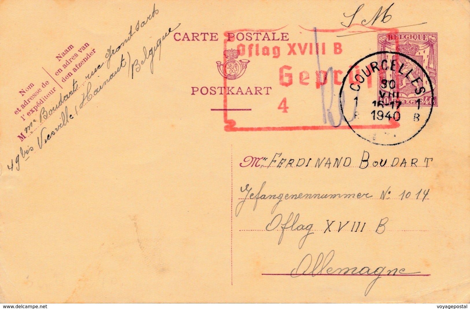 Entier Postal Courcelles Belgique Oflag XVIII B 1940 - Oorlog 40-45 (Brieven En Documenten)