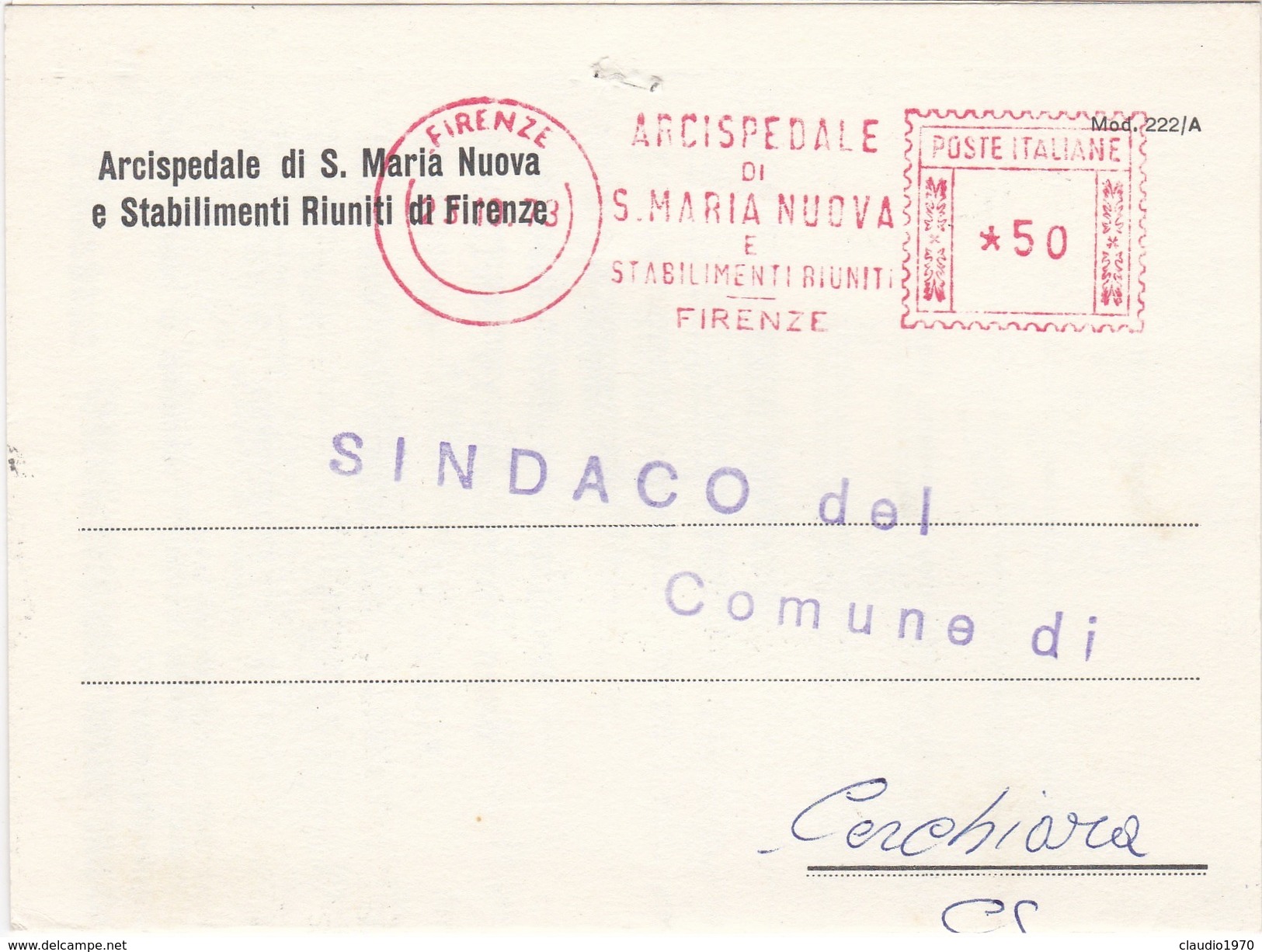 STORIA POSTALE  - AVVISO DI DIMISSIONE - ARCISPEDALE DI S.MARIA NUOVA E STABILIMENTI RIUNITI DI FIRENZE. - Macchine Per Obliterare (EMA)