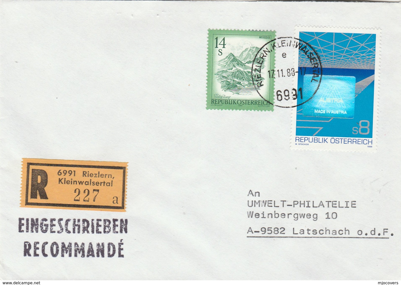 1988 REGISTERED Riezlern AUSTRIA HOLOGRAMME Stamps COVER Hologram - Hologrammen