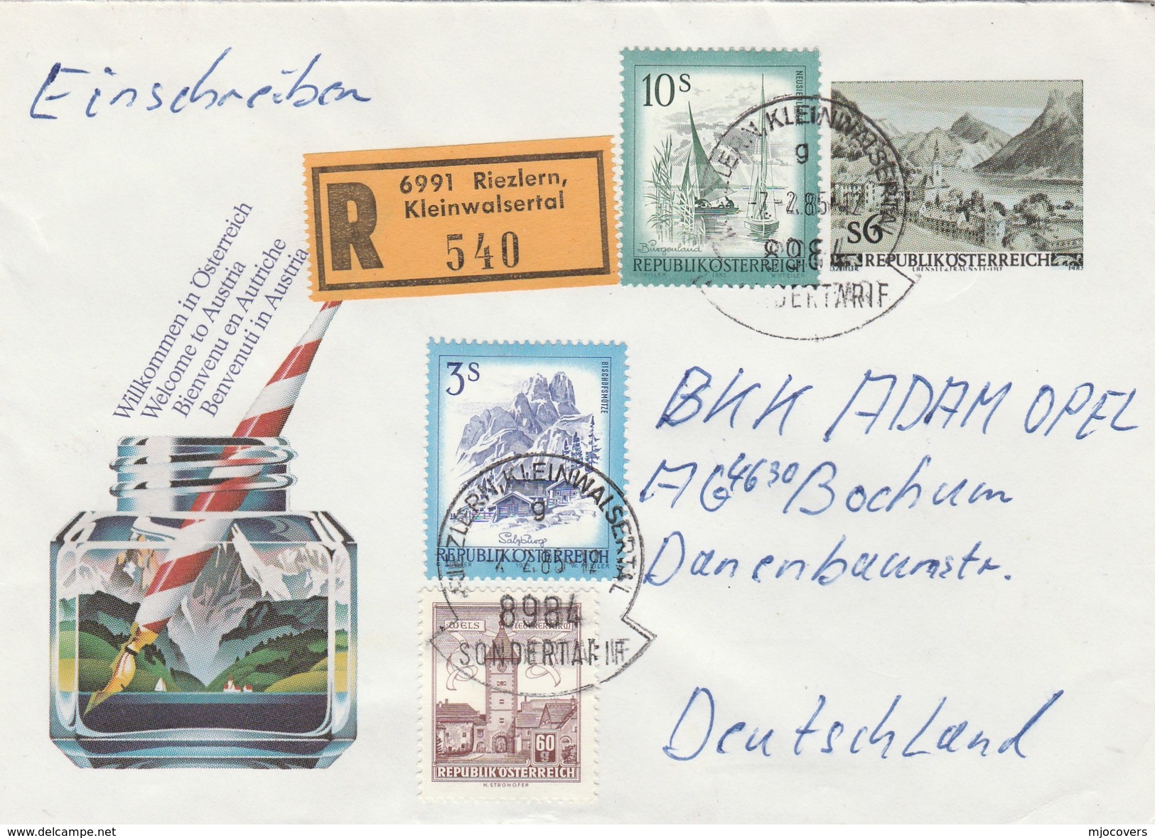 1985 REGISTERED Riezlern AUSTRIA Stamps On UPRATED Illus POSTAL STATIONERY COVER Welcome To Austria, Sailing - Other & Unclassified