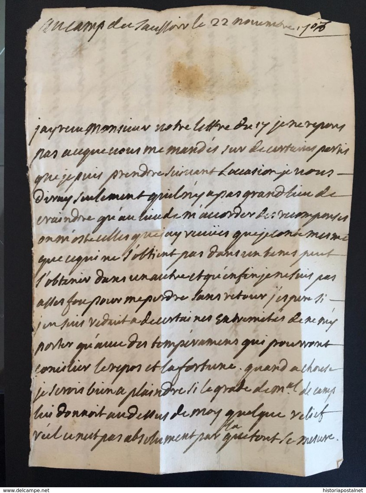 GUERRA SUCESIÓN ESPAÑOLA. FLANDES. 1708. "AU CHAMP DE SAUSSOIN" A DIJON. MARQUE POSTALE "AR.DE.FLANDRE". ORIGEN INÉDITO. - Bolli Militari (ante 1900)