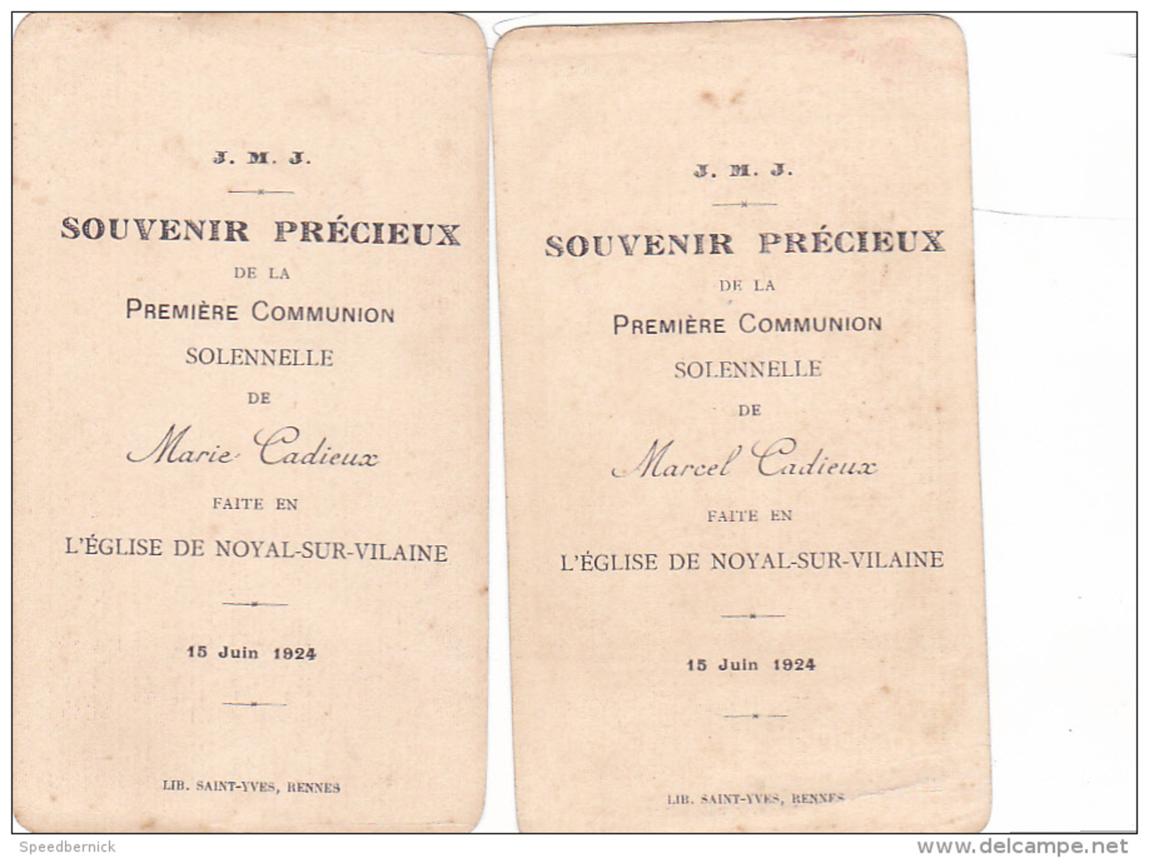 25580- Lot 2 Deux  Images Pieuses - Noyal Sur Vilaine  35 Bretagne France Marie Marcel Cadieux  1924 - Images Religieuses