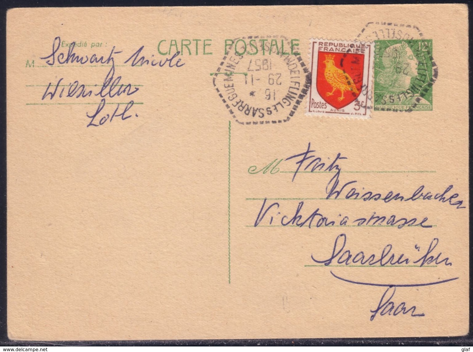 Entier Postal CP 12 F Marianne De Muller + 3 F Aunis - Moselle Pour Sarre Au Tarif Carte Postale Régime Intérieur 1957 - 1955-1961 Marianne De Muller