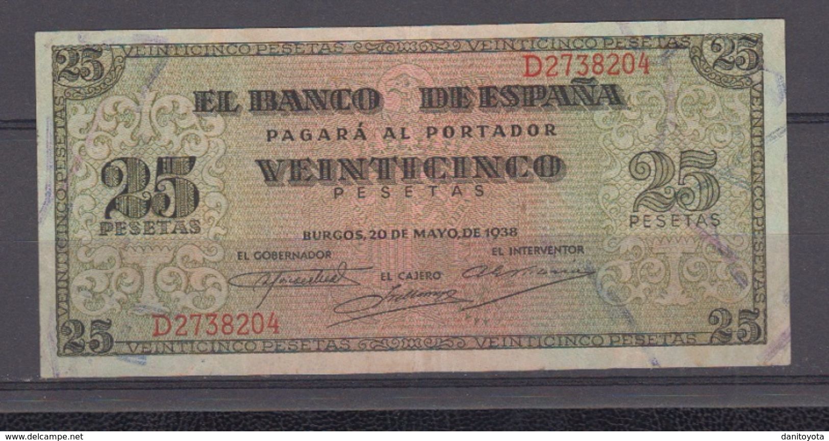 EDIFIL 430a.  25 PTAS 20 DE MAYO DE 1938 SERIE D CONSERVACIÓN EBC. - 25 Pesetas