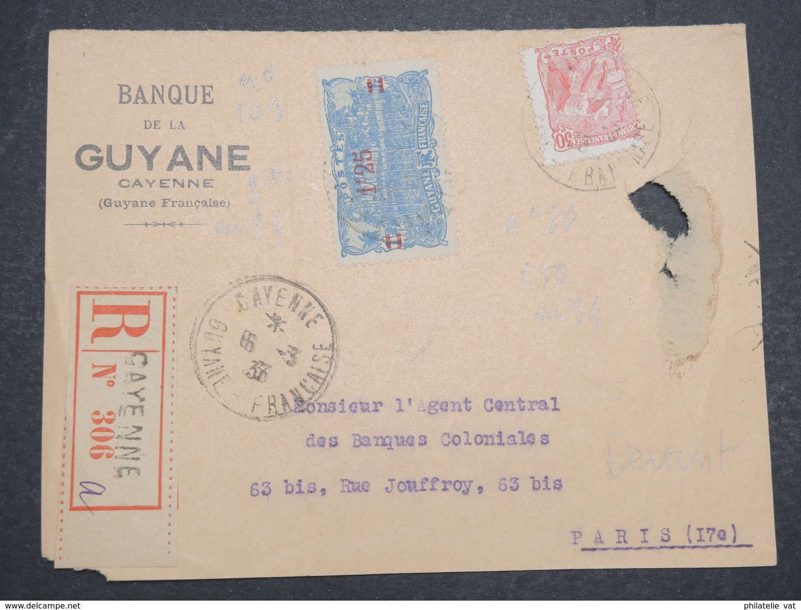 GUYANNE FRANçAISE - Devant De Lettre Recommandé Pour Paris - Abimé Mais Pas Courant - 1933 - P22039 - Briefe U. Dokumente