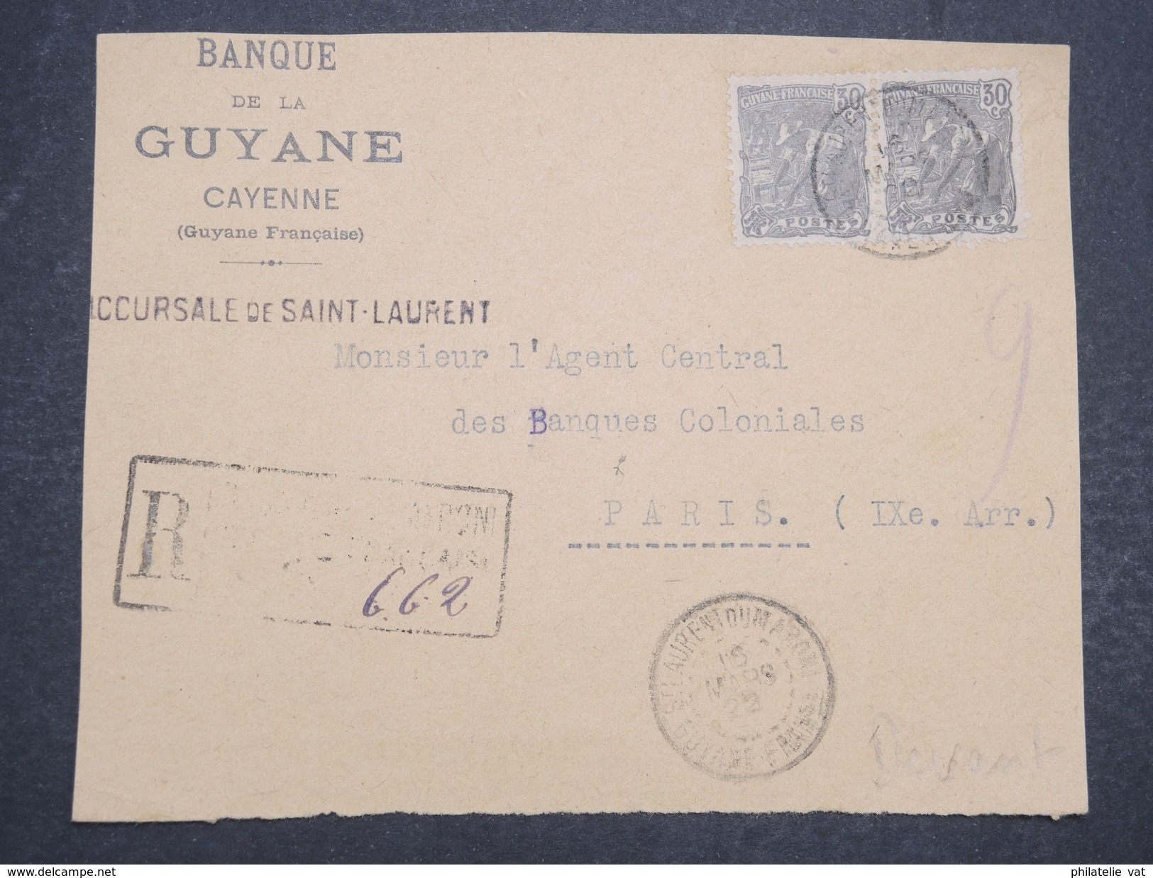 GUYANNE FRANçAISE - Devant De Lettre Recommandé Pour Paris - Pas Courant - Mars 1922 - P22042 - Storia Postale