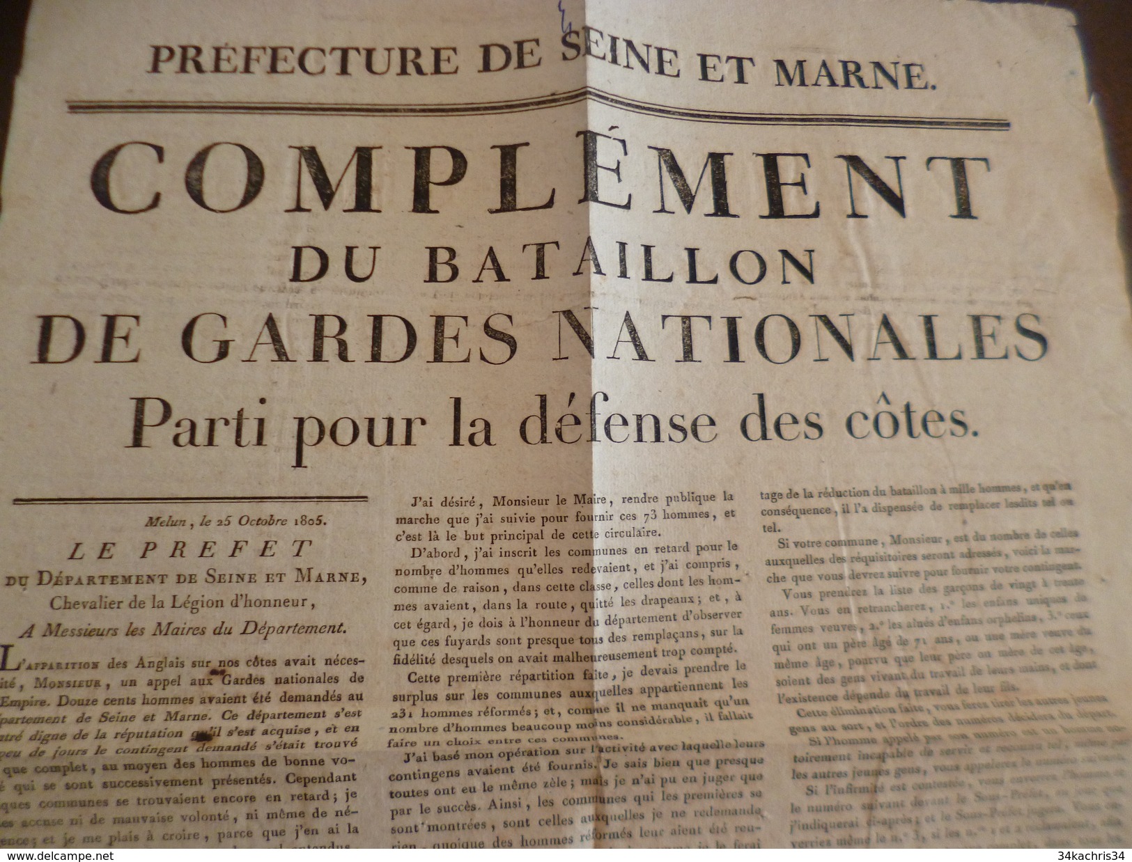 Affiche Placard 42 X 54 25/10/1805 Complément Bataillon Seine Inférieure Défense Côtes Contre Les Anglais Lagarde - Documenten