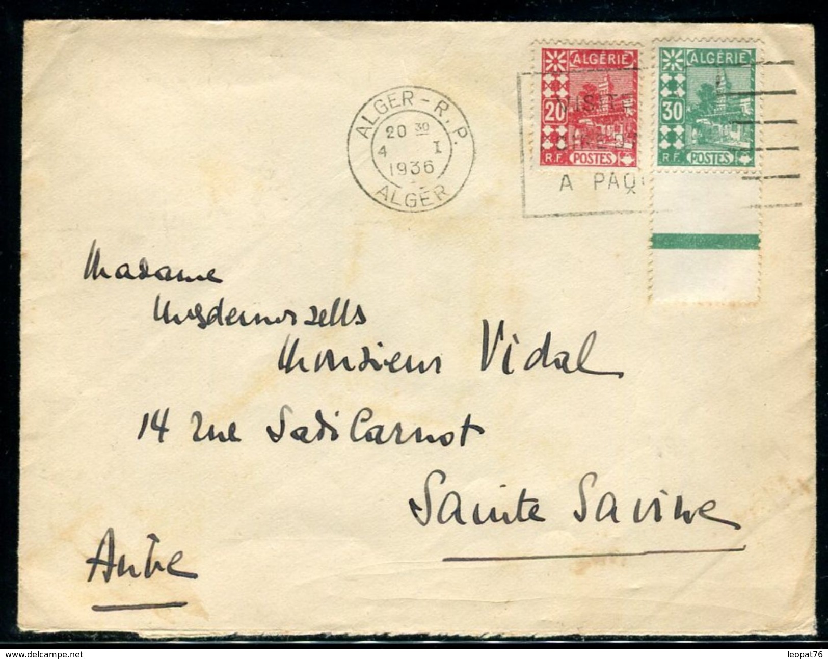 Algérie - Enveloppe De Alger Pour La France En 1936 , Vignette Au Verso  " TSF à L 'Hôpital "- Ref N 175 - Lettres & Documents