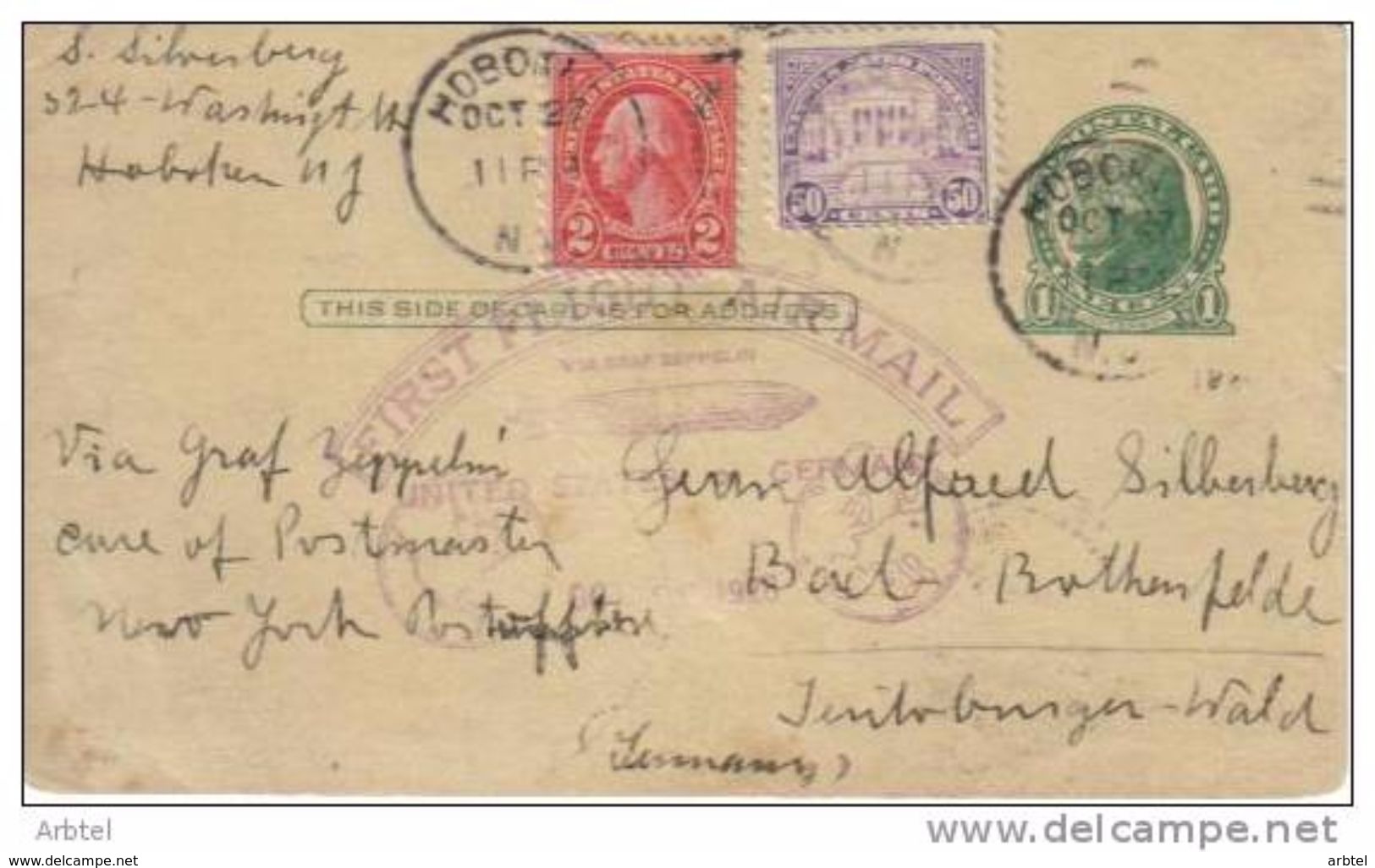 USA ENTERO POSTAL VOLADO EN ZEPPELÍN HASTA ALEMANIA EN EL PRIMER CORREO AEREO DE 1928 MARCA ALUSIVA AL VUELO EN CLOR VIO - Zeppeline