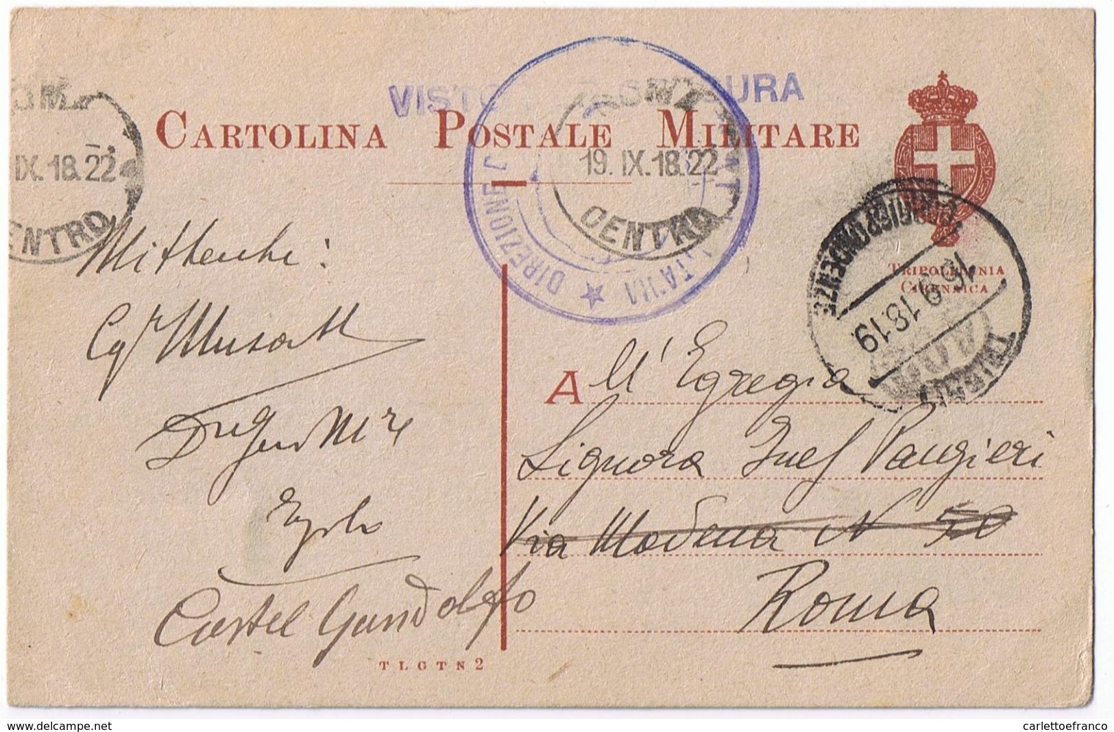 Cart. Posta Militare Tripoli ->Roma Viaggiata 1918 - Tripolitania