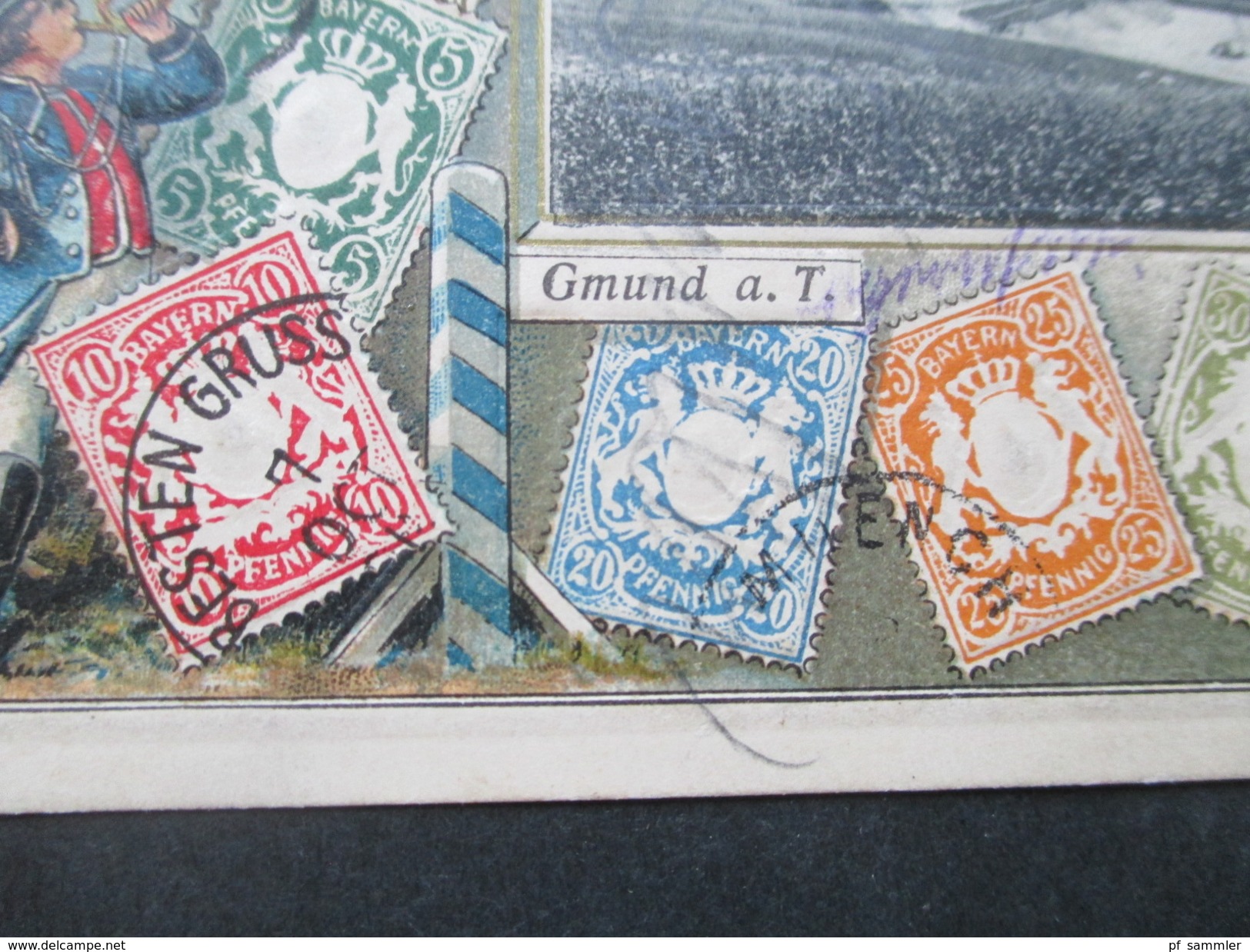 AK Altdeutschland Bayern Mehrbildkarte Briefmarken Bayern Und Gmund A.T. Philatelie Ansichtskarten Ottmar Zieher München - Francobolli (rappresentazioni)
