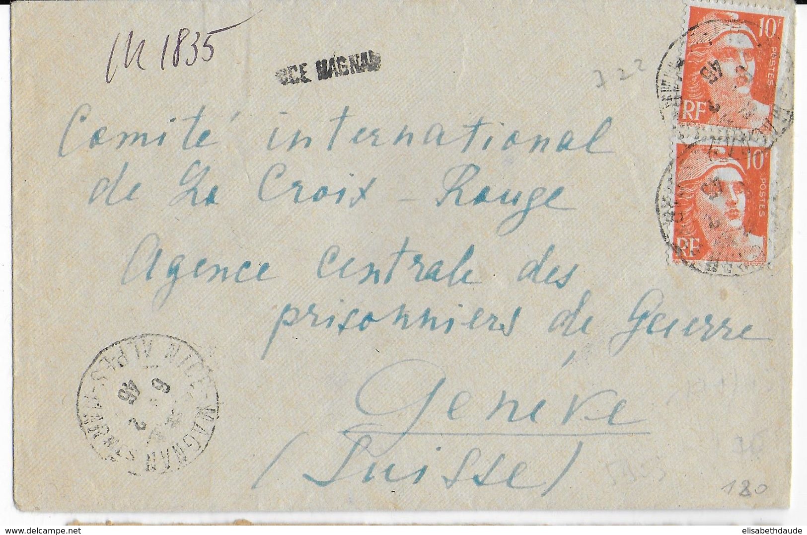 1946 - GANDON - LETTRE RECOMMANDEE PROVISOIRE De NICE MAGNAN (ALPES MARITIMES) => GENEVE (SUISSE) -PRISONNIERS DE GUERRE - 1921-1960: Modern Period