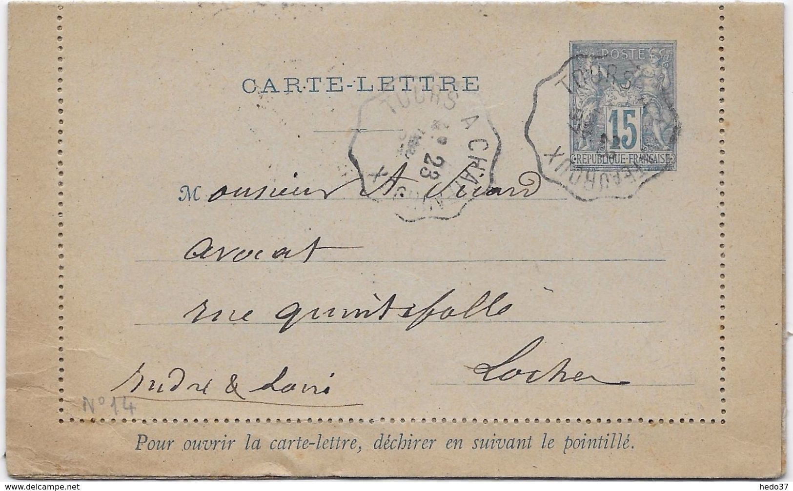 France Entiers Postaux - 15 C Bleu - Type Sage - Carte-lettre -  Oblitéré Poste Ferroviaire - Spoorwegpost