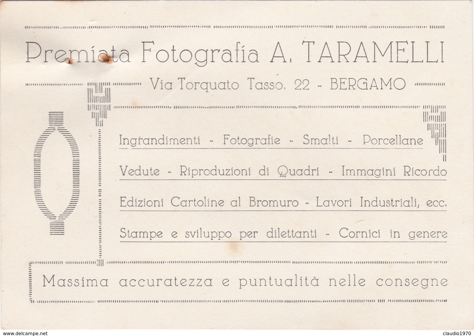 BIGLIETTO DA VISITA CON MARCA DA BOLLO CENT. 50 - PREMIATA FOTOGRAFIA A, TARAMELLI - BERGAMO - Storia Postale