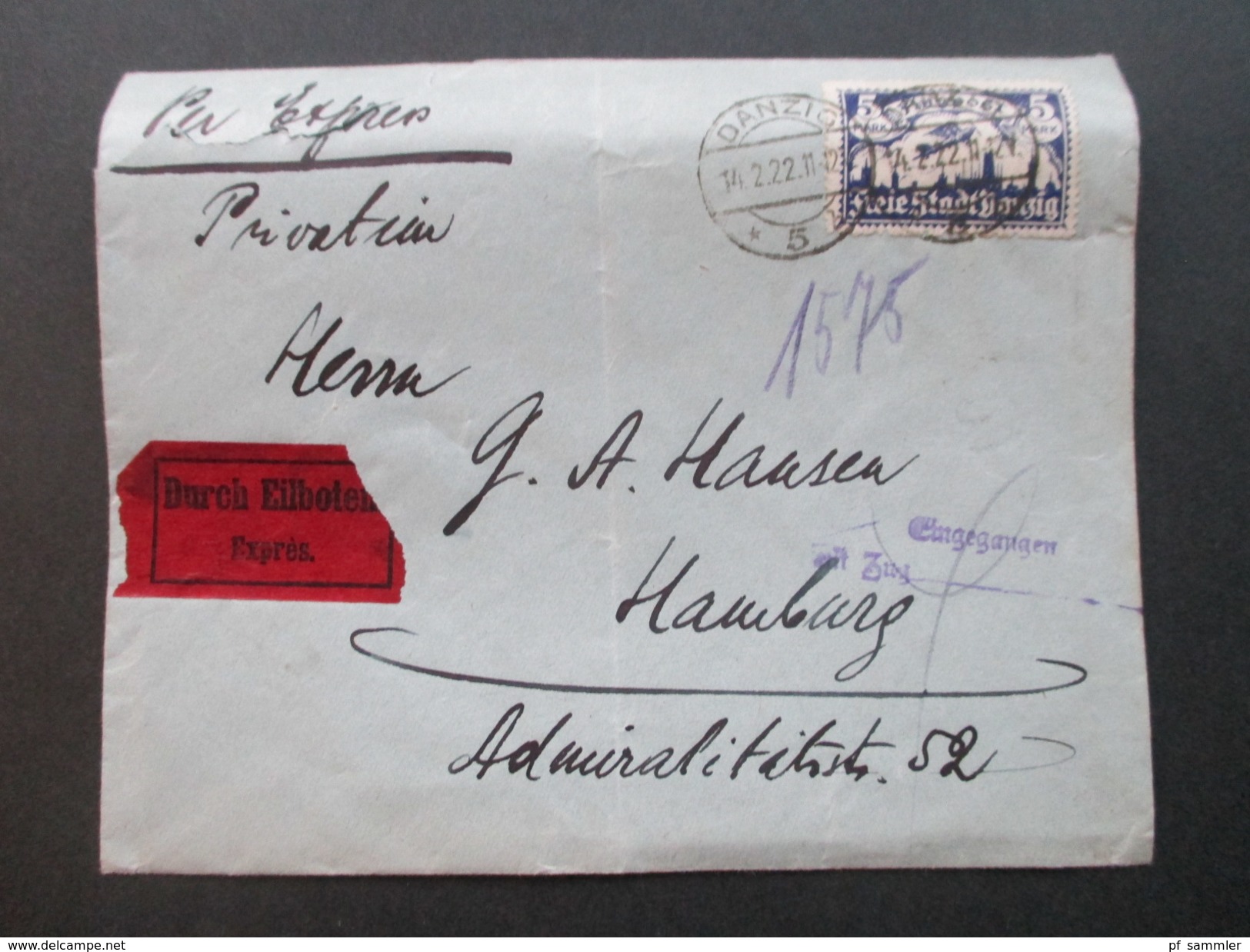 Danzig 1922 Eilboten / Expres Beleg Danzig Hotel Reichshof - Hamburg Nr. 70 Flugpostmarke EF Eingegangen Mit Zug.... - Briefe U. Dokumente