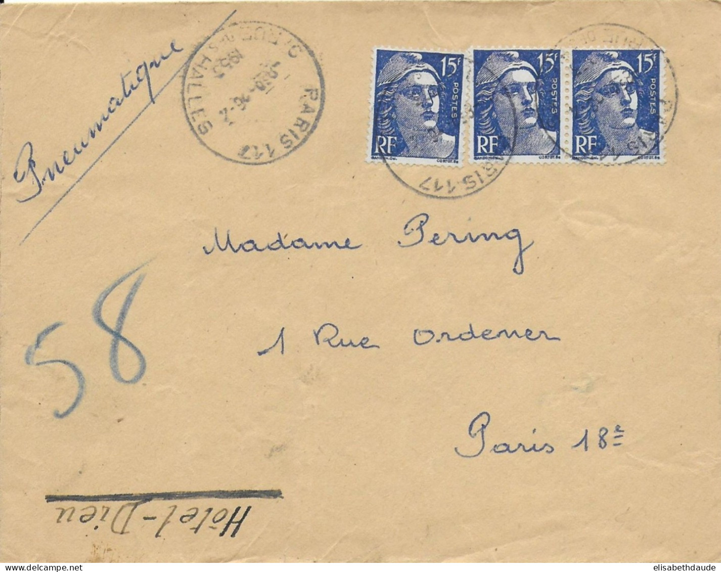 1953 - GANDON - ENVELOPPE PNEUMATIQUE De PARIS 117 - 1945-54 Marianne (Gandon)