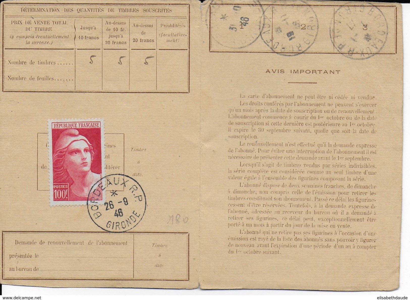 GANDON - 1946 - RARE 100F (Yvert N° 733) Seul Sur CARTE D'ABONNEMENT Des PTT De BORDEAUX - 1945-54 Marianne (Gandon)