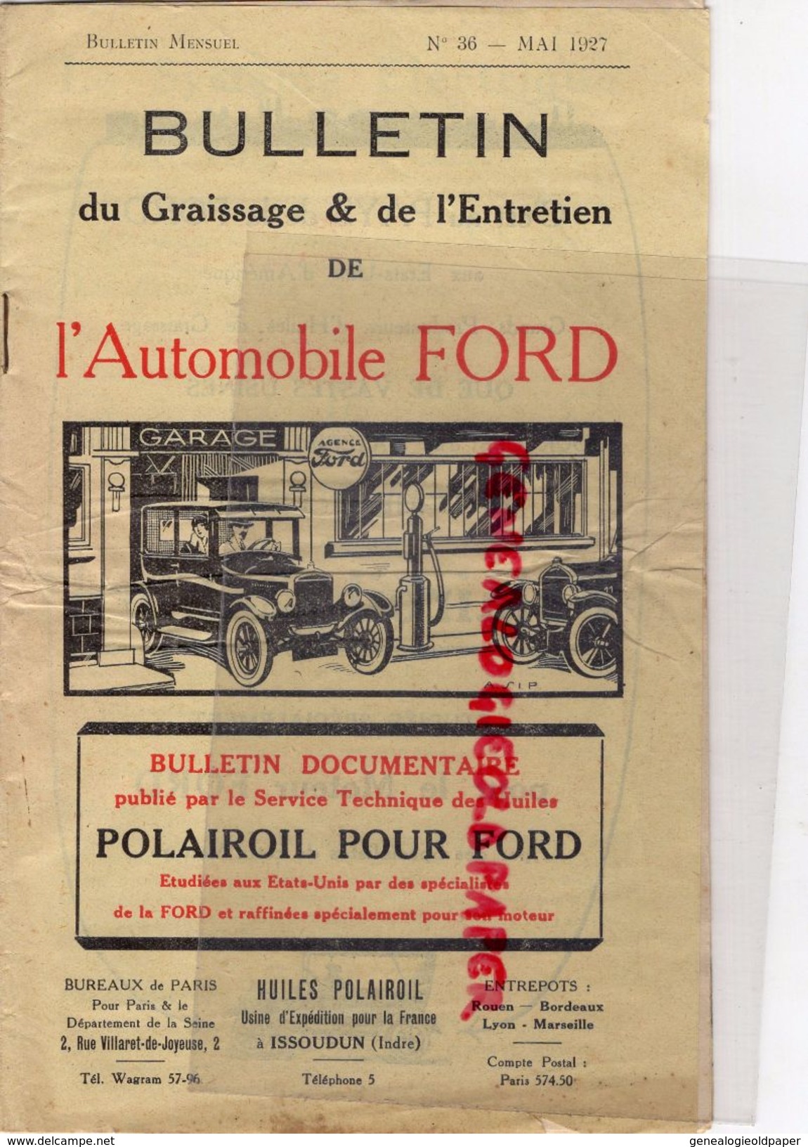 36- ISSOUDUN- RARE CATALOGUE BULLETIN GRAISSAGE ENTRETIEN AUTOMOBILE FORD- MAI 1927-HUILES POLAIROIL- POMPE ESSENCE - Cars