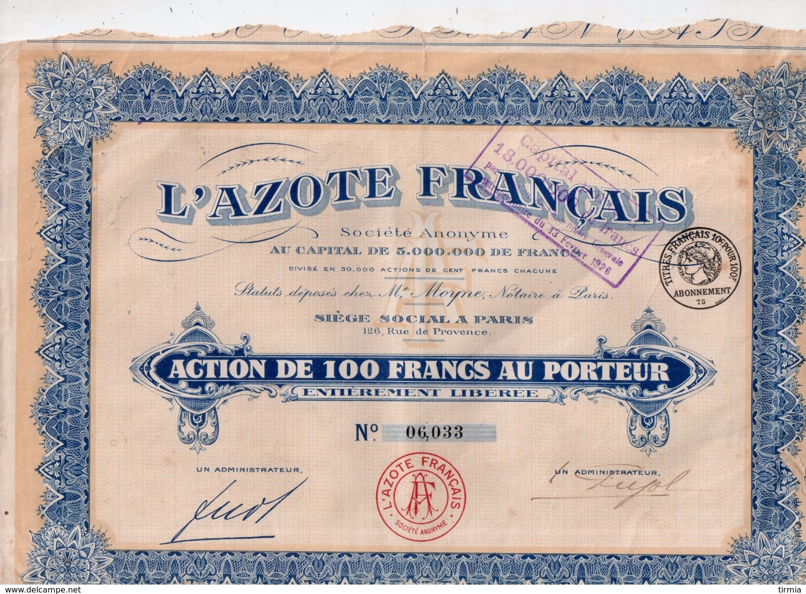 L' Azote Français - Action De 100 Francs Au Porteur - 1926 - Textile