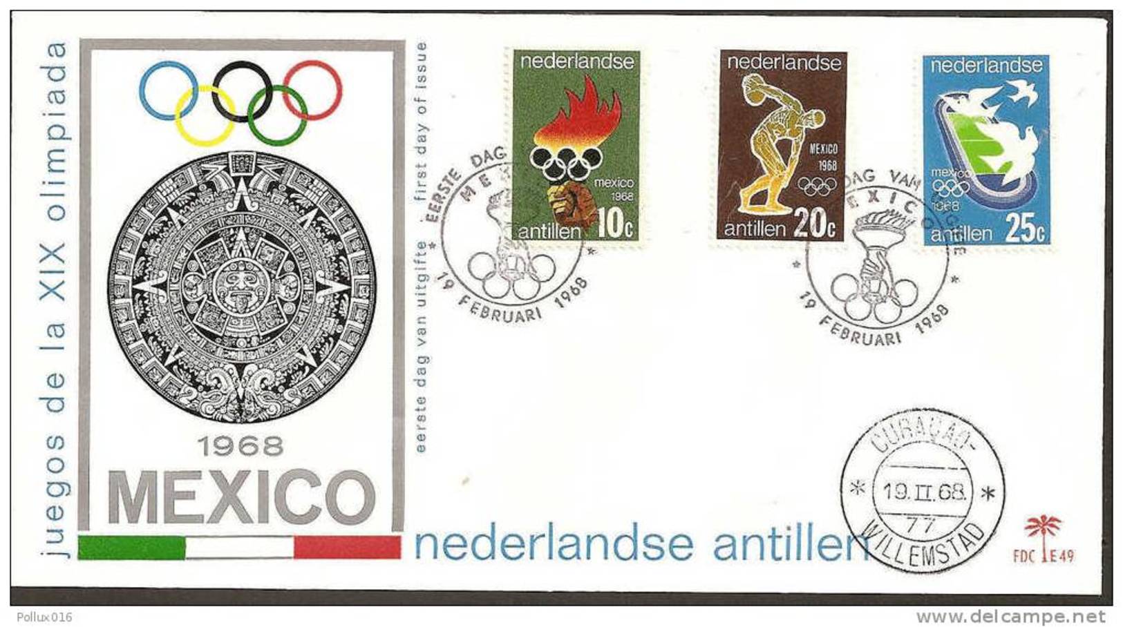 Antillen / Antilles 1968 FDC 49 Olympic Flame Discus Thrower Stadion Logo Palm - Zomer 1968: Mexico-City