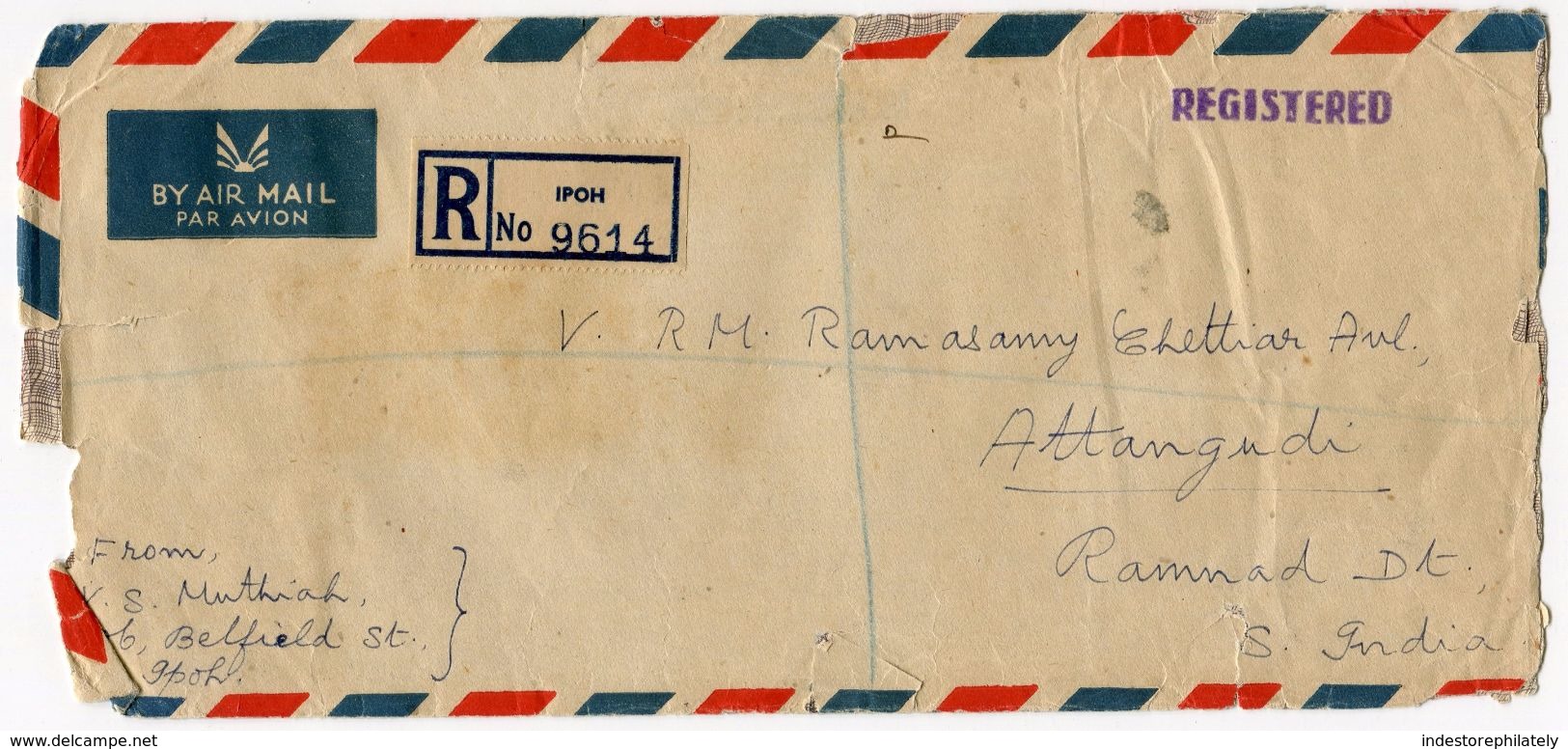 MALAYA Registered Letter 9614, Ipoh To South India, Via Singapore, 16 Aug 1952 (M21) - Perak