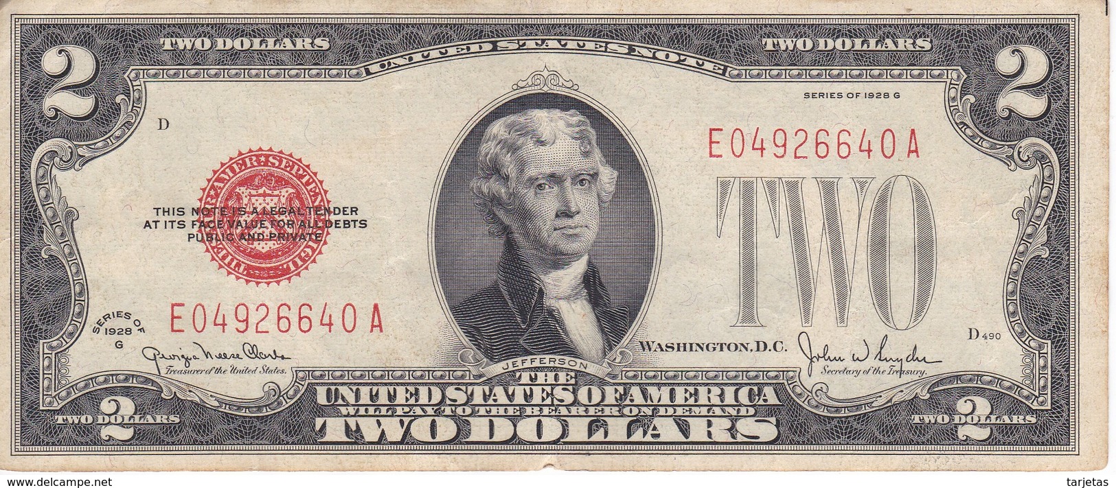 BILLETE DE ESTADOS UNIDOS DE 2 DOLLARS DEL AÑO 1928 SERIE G (BANK NOTE) - Billetes De La Reserva Federal (1928-...)