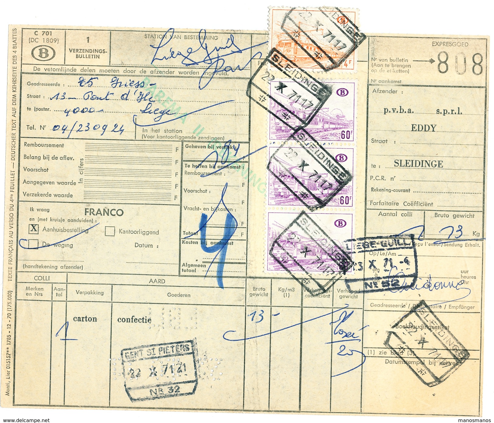 606/25 - SLEYDINGE Cachets De Gare Sur 2 Formules De Colis Avec Timbres Chemin De Fer 1962/1971 - Autres & Non Classés