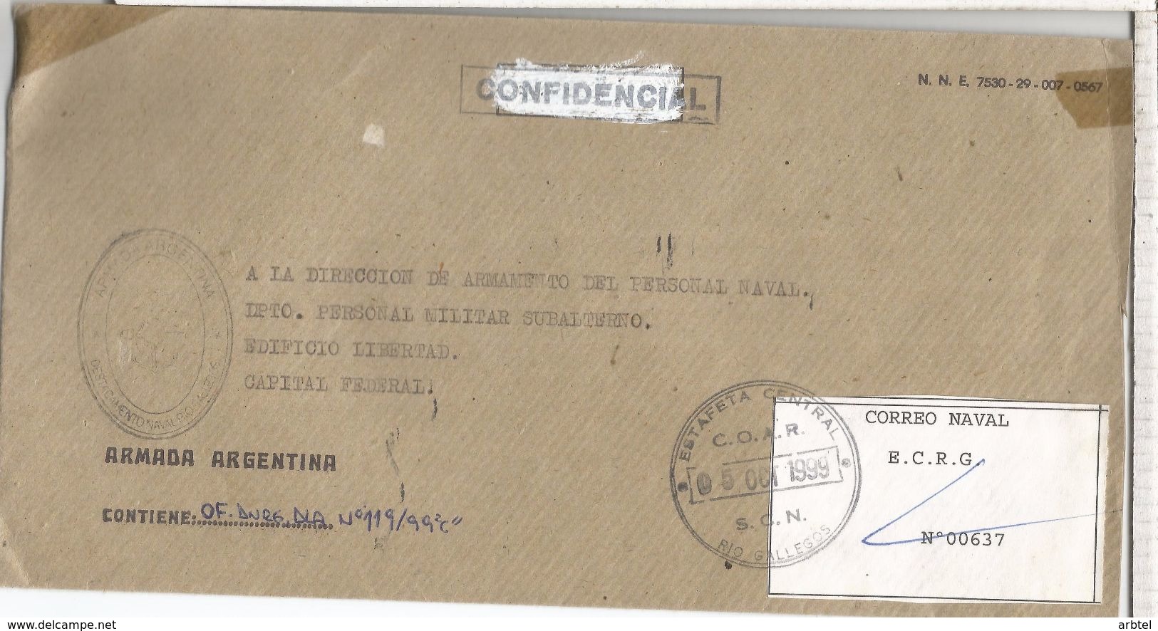 ARGENTINA CC CORREO NAVAL OFICIAL DESTACAMENTO NAVAL RIO GALLEGOS - Storia Postale