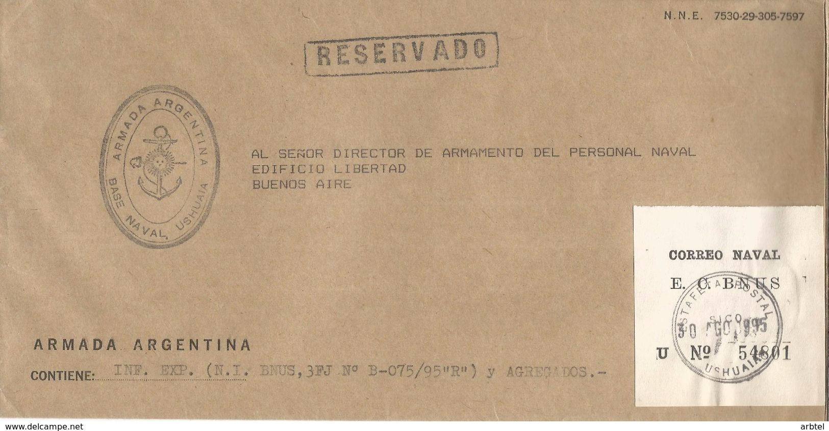 ARGENTINA CC CORREO NAVAL OFICIAL BASE NAVAL USHUAIA - Covers & Documents