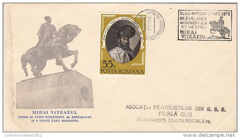 6042FM- KING MICHAEL THE BRAVE OF ROMANIA, MONUMENT, SPECIAL COVER, 1976, ROMANIA - Covers & Documents