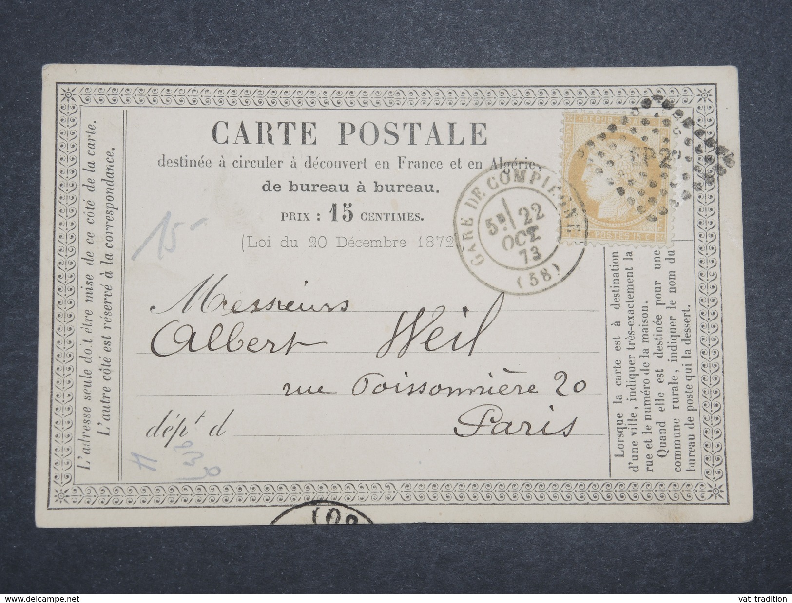 FRANCE - Carte Précurseur De Compiègne Pour Paris En 1873 , Affranchissement Cérès , Cad Ambulant - L 9973 - Cartes Précurseurs