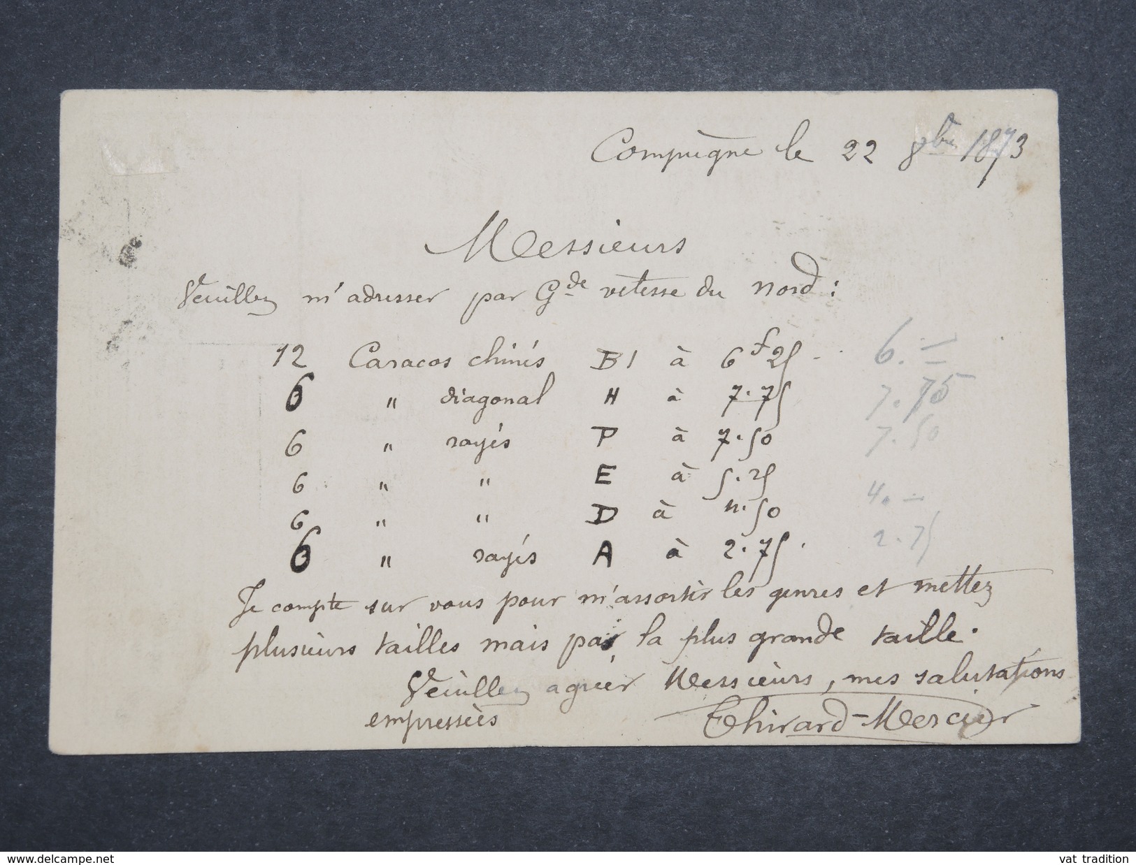 FRANCE - Carte Précurseur De Compiègne Pour Paris En 1873 , Affranchissement Cérès , Cad Ambulant - L 9973 - Cartes Précurseurs