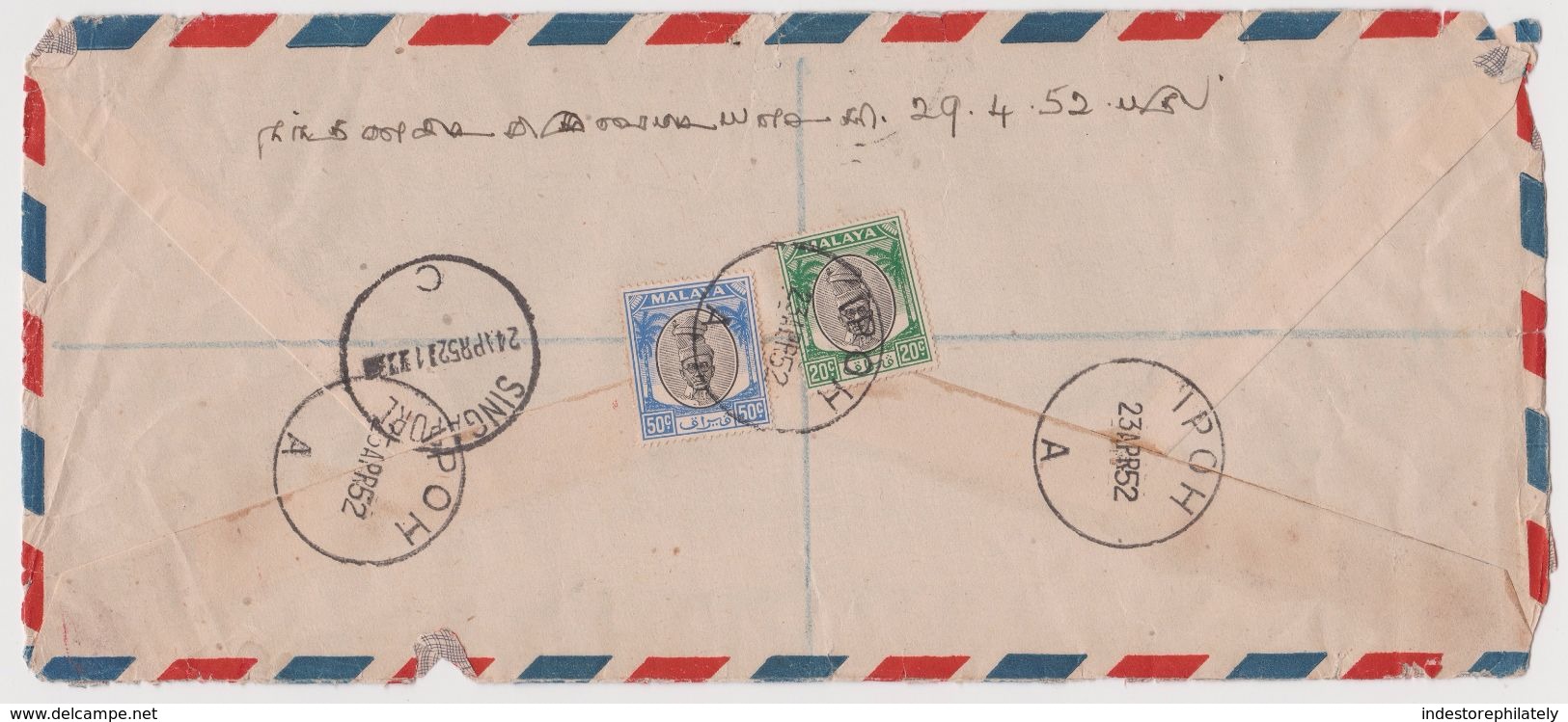 MALAYSIA Registered Mail 5547, Ipoh To India Via Singapore, April 1952 (M32) - Perak