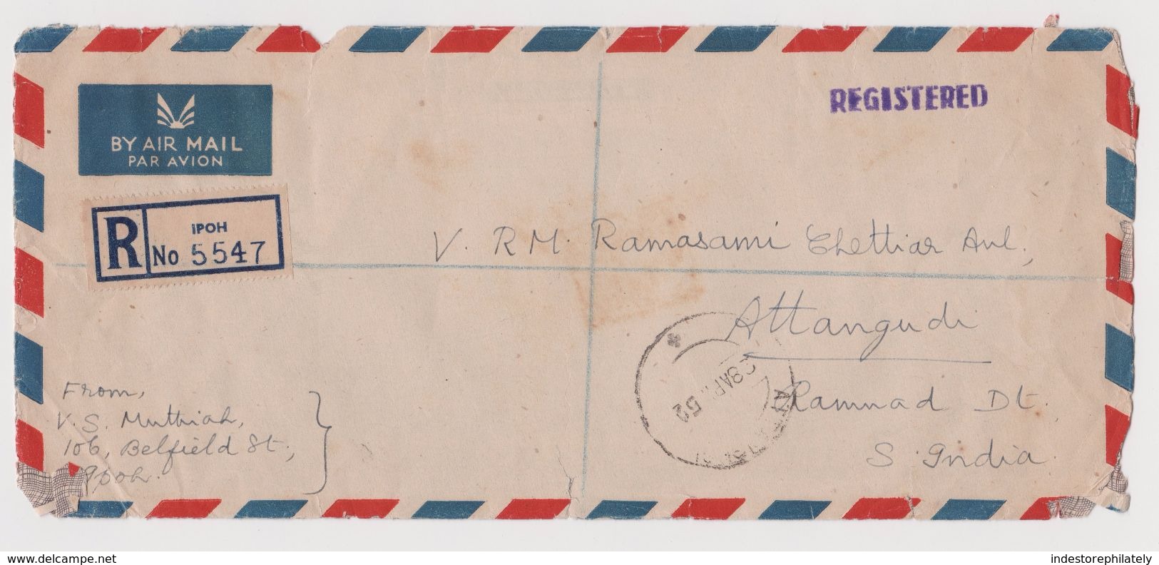 MALAYSIA Registered Mail 5547, Ipoh To India Via Singapore, April 1952 (M32) - Perak