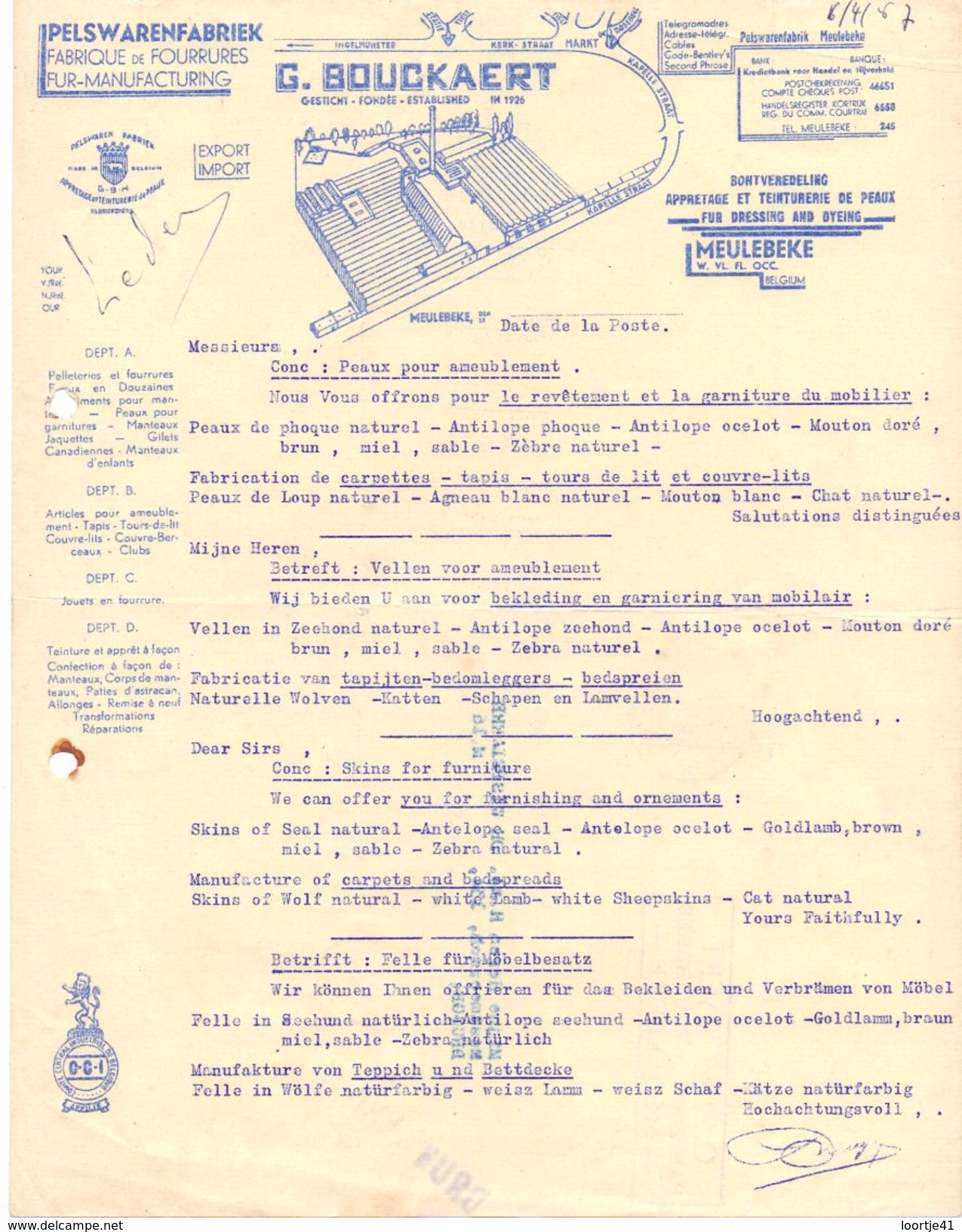 Factuur Facture - Pelswarenfabriek - G. Bouckaert - Meulebeke - 1957 - Petits Métiers