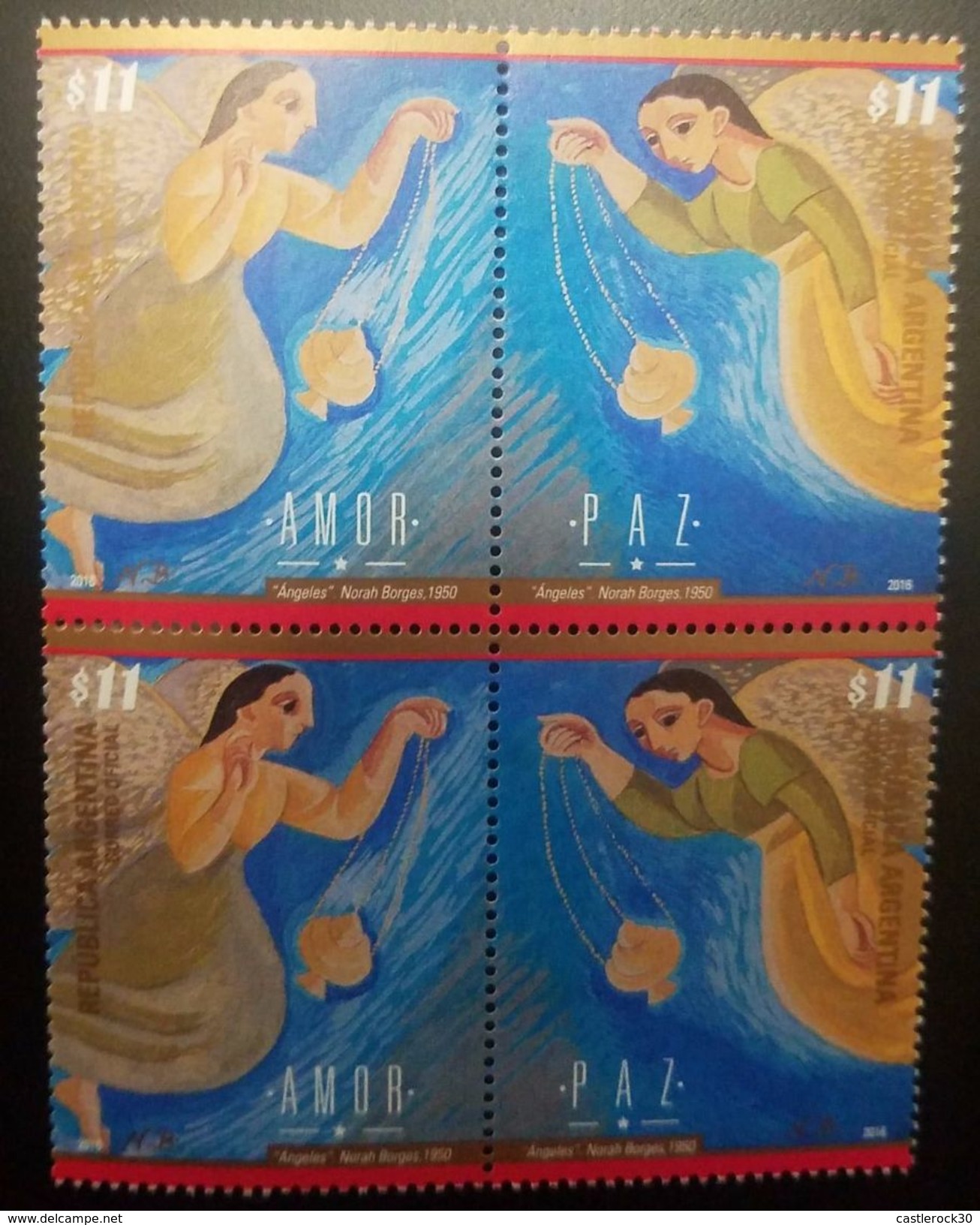 L) 2016 ARGENTINA, CHRISTMAS, ANGELS, LOVE, PEACE, FULL COLORS, BLOCK OF 4, MNH, XF - Unused Stamps