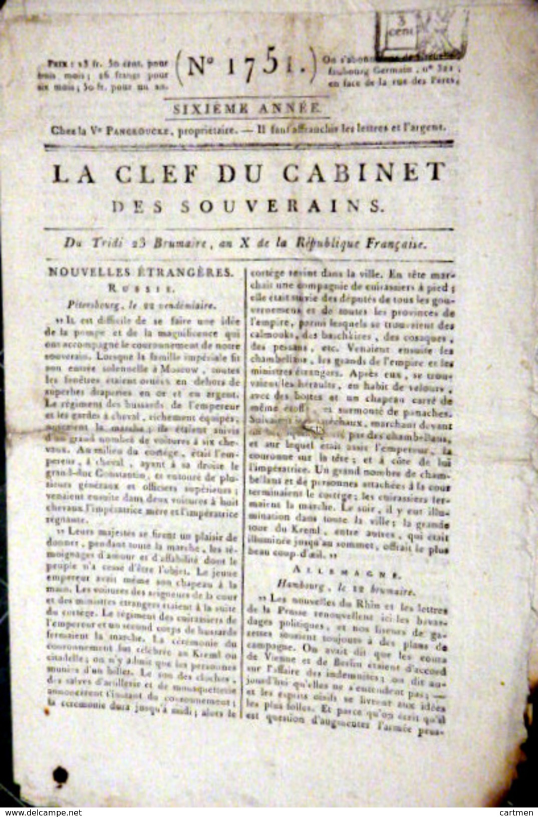 FAMINE EN 1590 ON MANGEA LES OSSEMENTS DES CIMETIERES   QUOTIDIEN LA CLEF DU CABINET 1803 - Newspapers - Before 1800