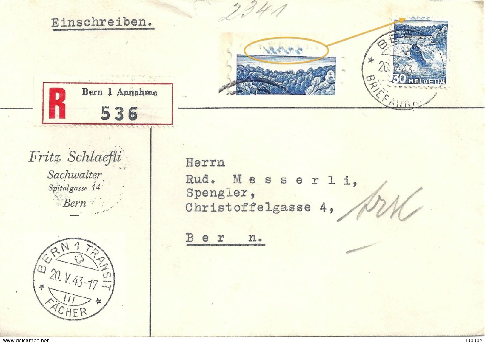 Lokaler R Brief  "Schlaefli, Sachverwalter, Bern"  (Abart)            1943 - Lettres & Documents