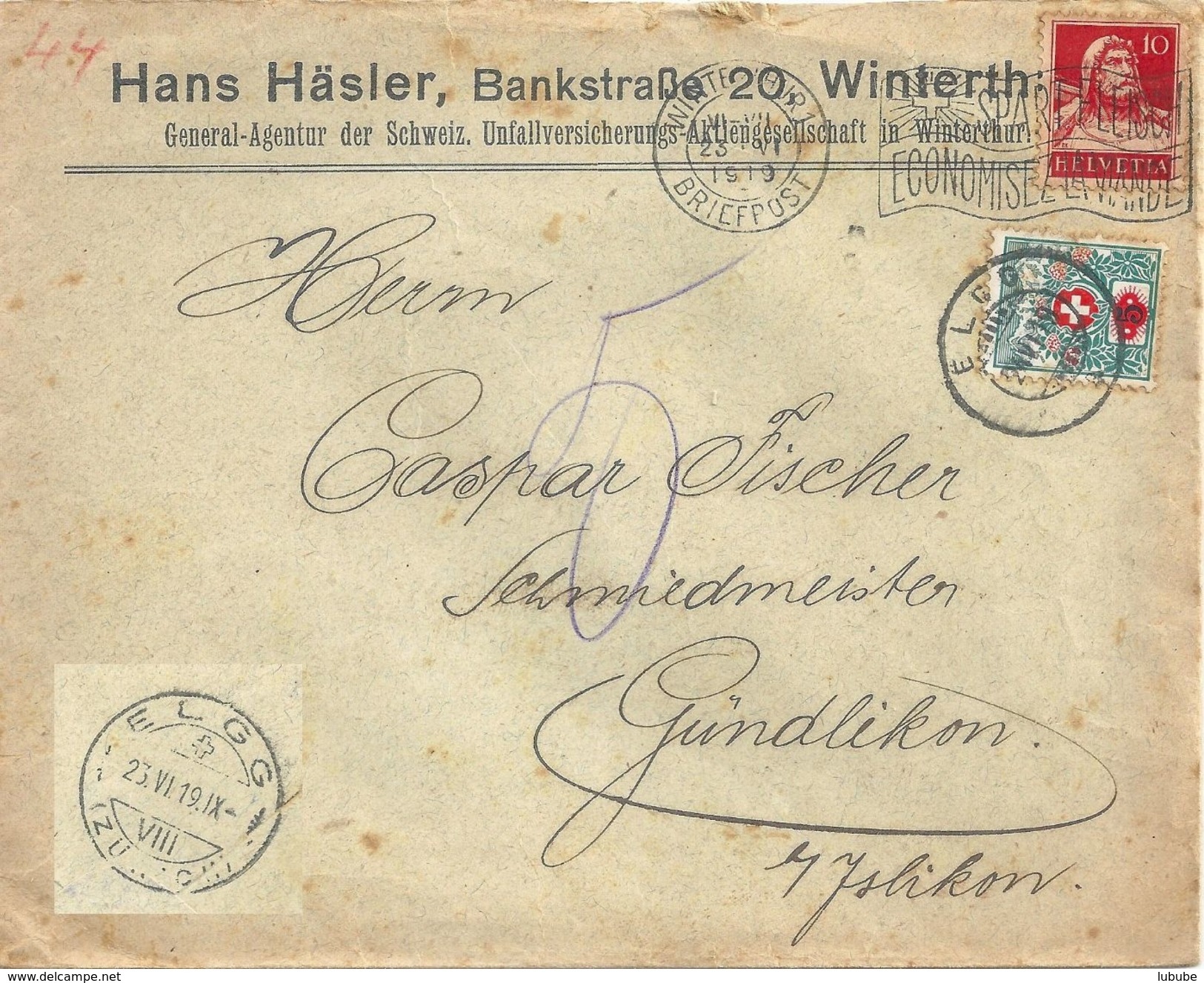 Taxierter Motiv Brief  "Schweiz.Unfallversicherungs AG, Häsler, Winterthur"          1919 - Covers & Documents