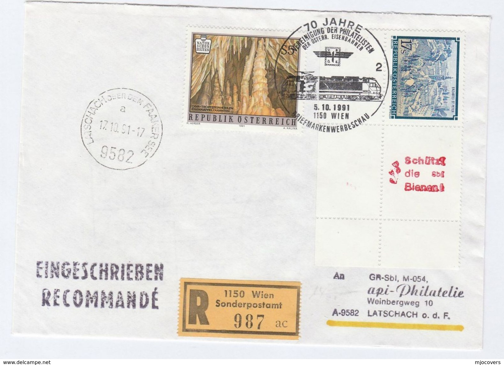 1988 Registered AUSTRIA RAILWAY EVENT COVER Stamps OBIR CAVES Minerals, Erzabtei CHURCH Save Bee Label Bees Train Insect - Covers & Documents