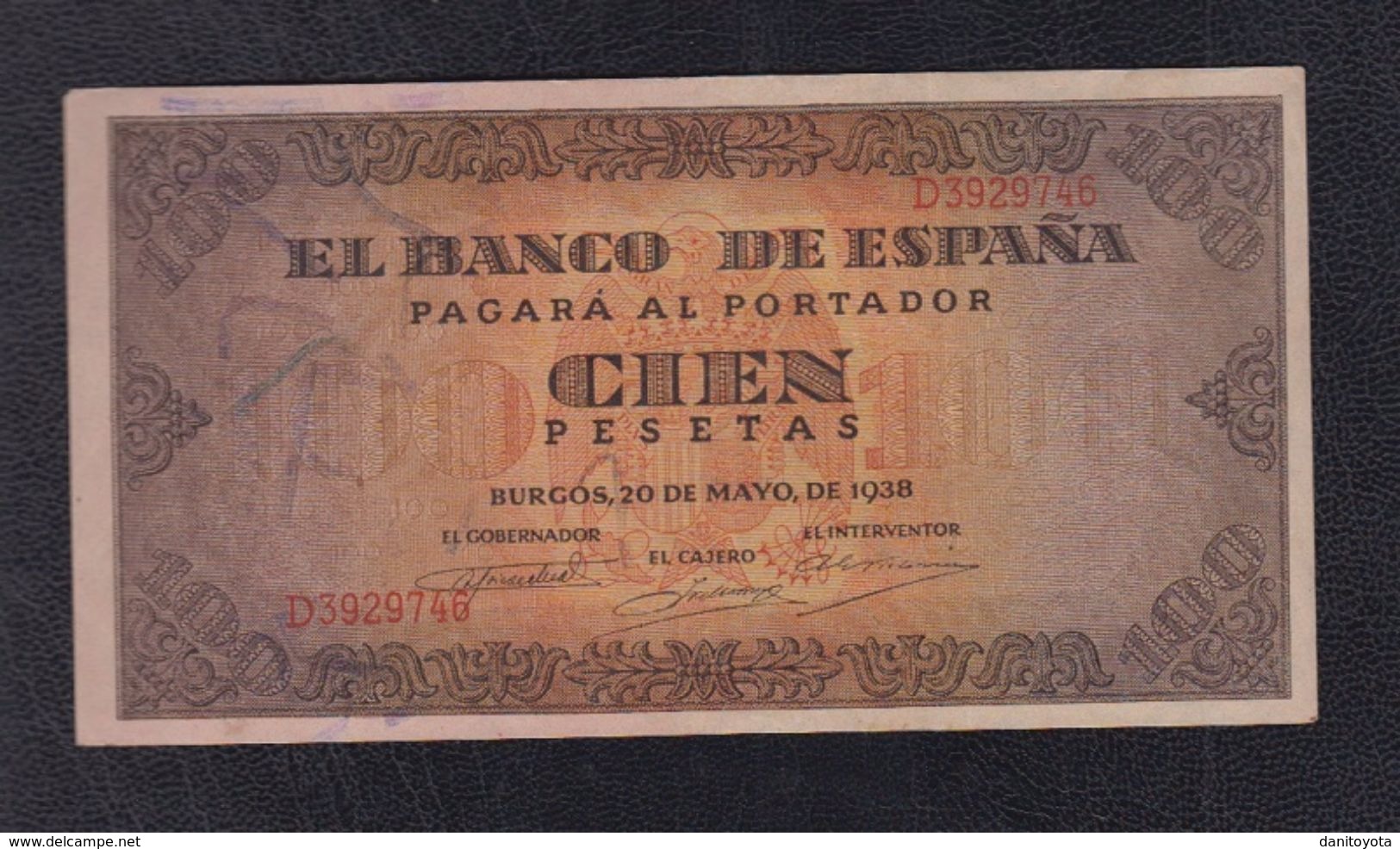 EDIFIL 423a.  100 PTAS 20 DE MAYO DE 1938 SERIE D - 100 Pesetas