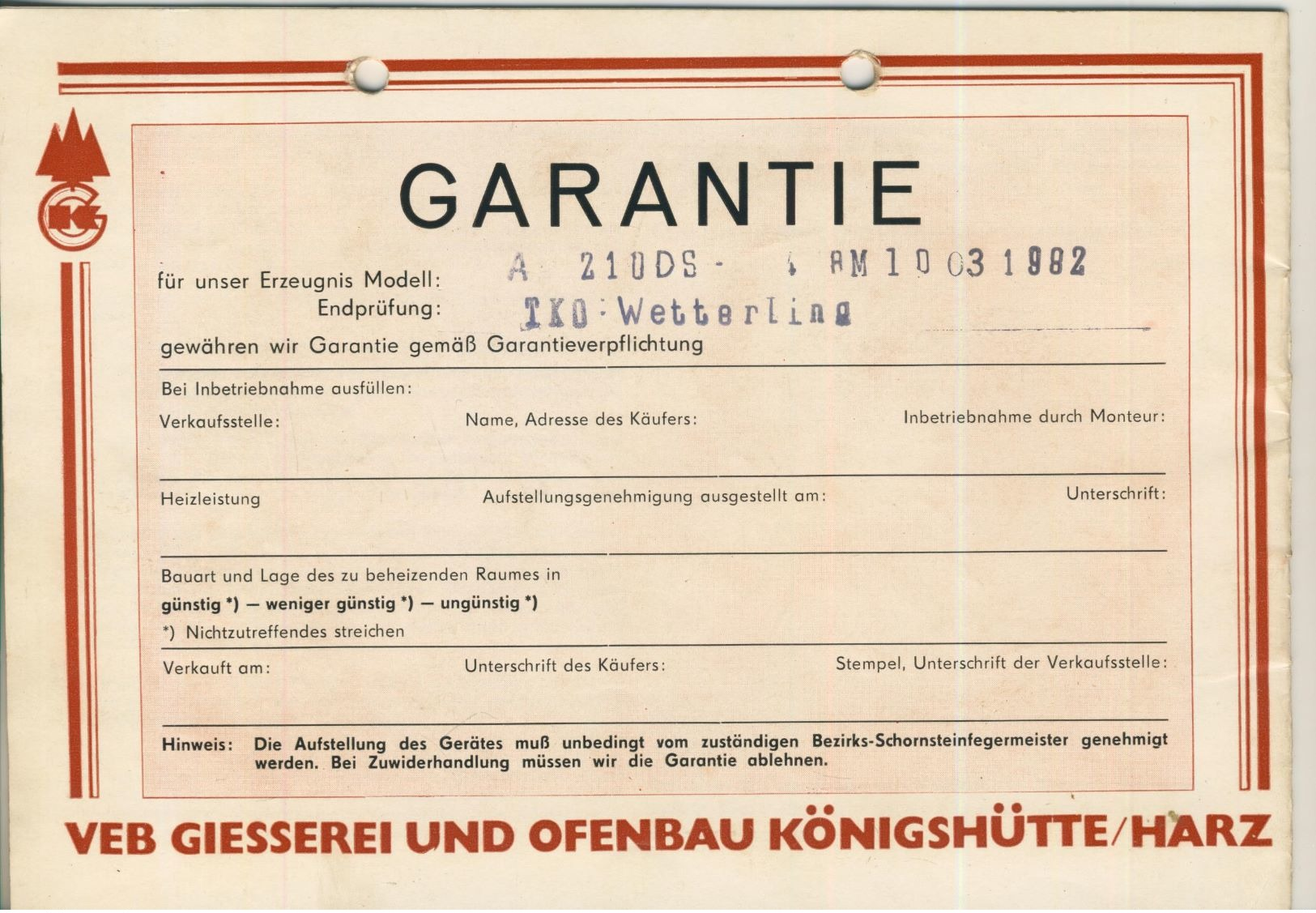 VEB Giesserei Und Ofenbau Königshütte / Harz -- Raumheizer "Standardisierter Innenkörper" (51102) - Sonstige & Ohne Zuordnung