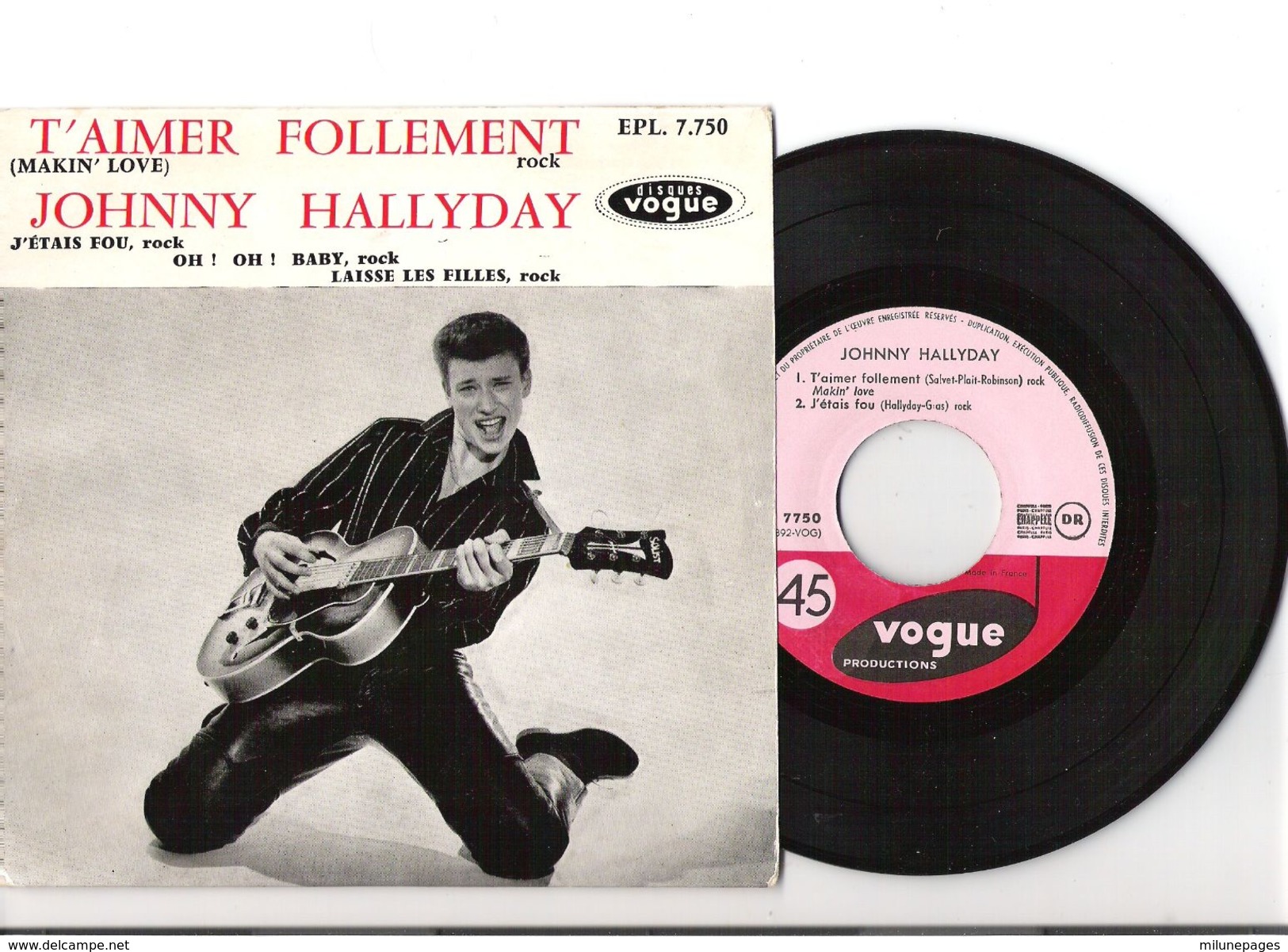 45T EP Original Johnny Hallyday Vogue Médium EPL7.750 T'Aimer Follement Pochette Villetaneuse Rarissime - Rock