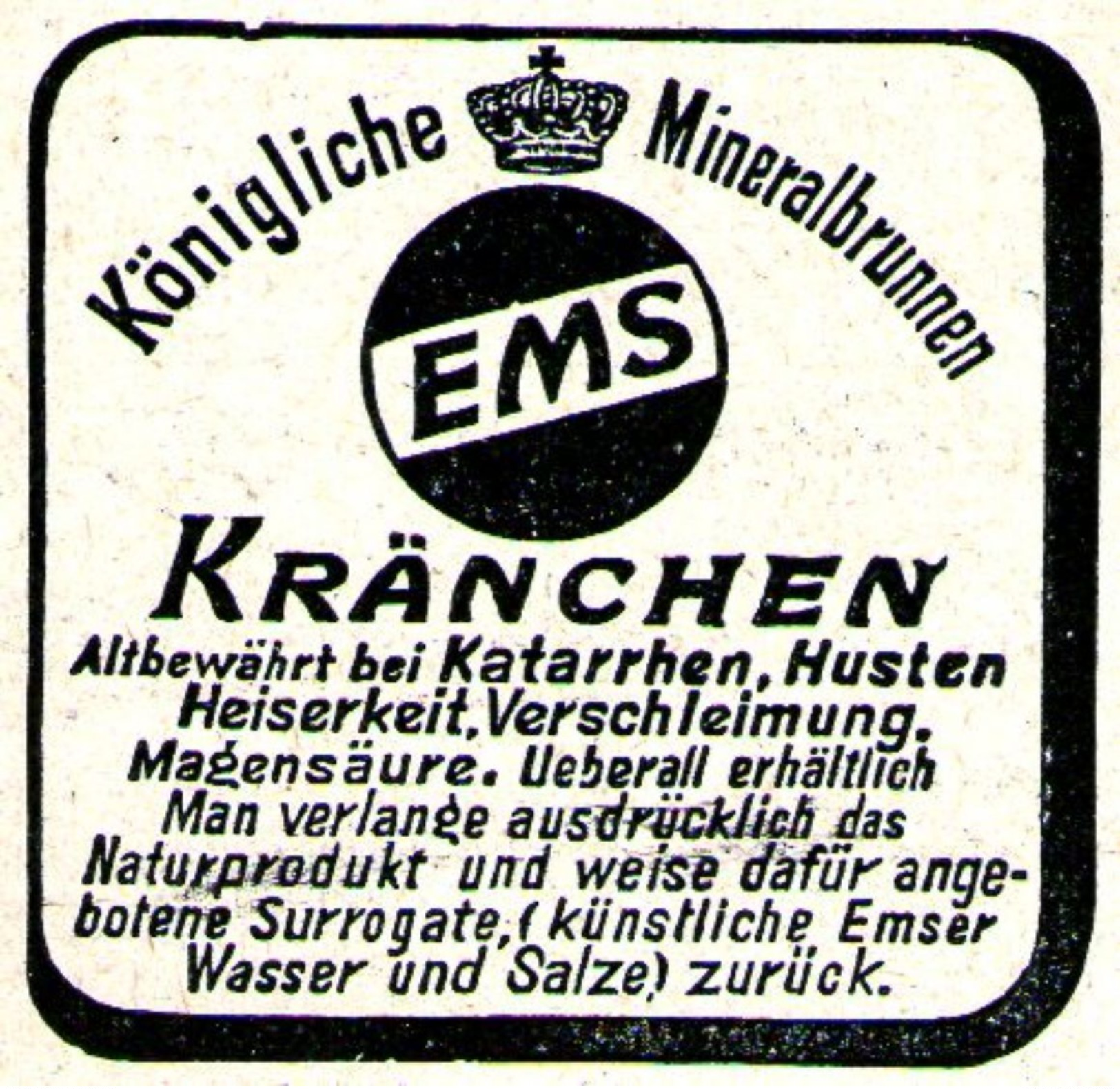 Original-Werbung/ Anzeige 1908 - BAD EMS / KRÄNCHEN /  EMSER WASSER - Ca. 35 X 35 Mm - Reclame