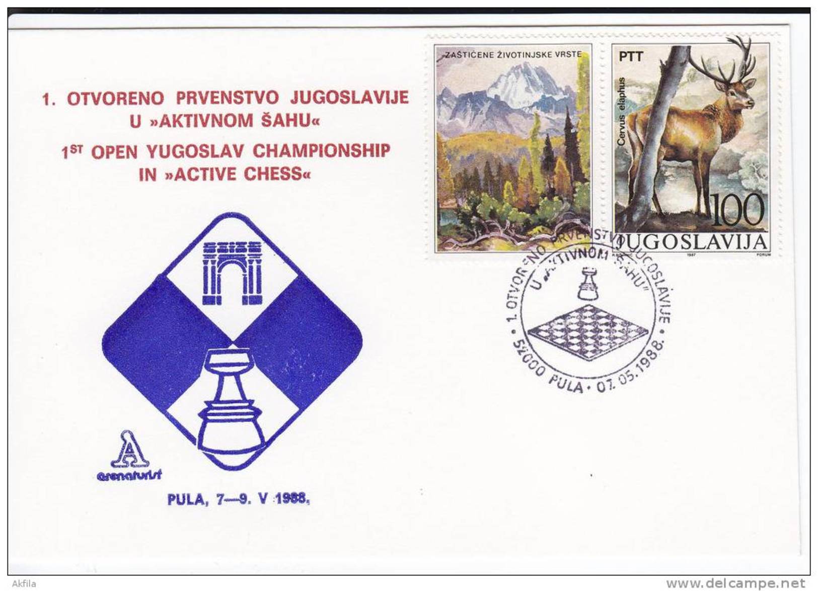1919. Chess, Yugoslavia, 1988, 1st Open Yugoslav Championship In "Active Chess" - Pula, Commemorative Card - Schaken