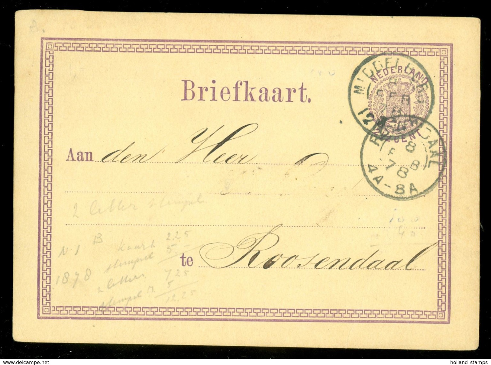 HANDGESCHREVEN BRIEFKAART Uit 1878 Voordruk NVPH 18 Van MIDDELBURG Naar ROOSENDAAL (10.660E) - Postal Stationery