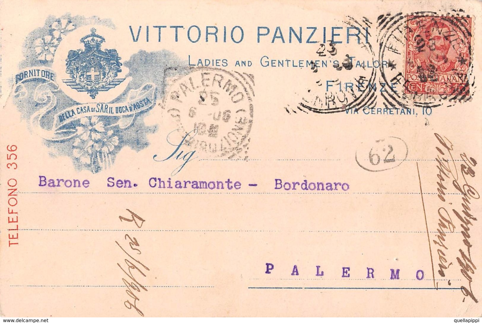 06964 "VITTORIO PANZIERI - FIRENZE - FORNITORE ABITI DELLA CASA S.A.R. IL DUCA D'AOSTA"  CART SPED 1906 - TIMBRO POSTINO - Pubblicitari