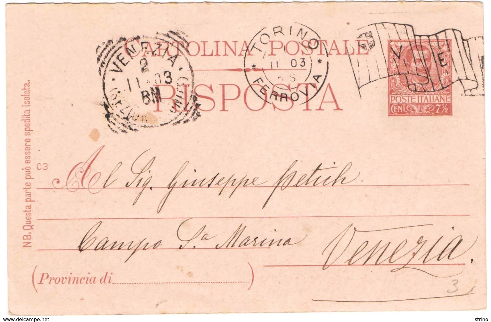 R652) V.E.III CARTOLINA POSTALE 7 1/2 CENT. MILL. 03 PARTE RISPOSTA - Interi Postali