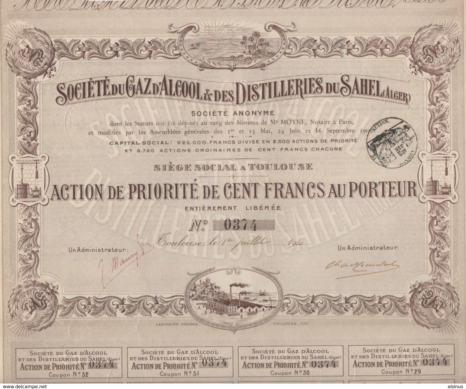 1910 - ACTION DE 100 FRANCS - SOCIETE DU GAZ D'ALCOOL & DES DISTILLERIES DU SAHEL (ALGER) - SIEGE SOCIAL A TOULOUSE - Electricité & Gaz